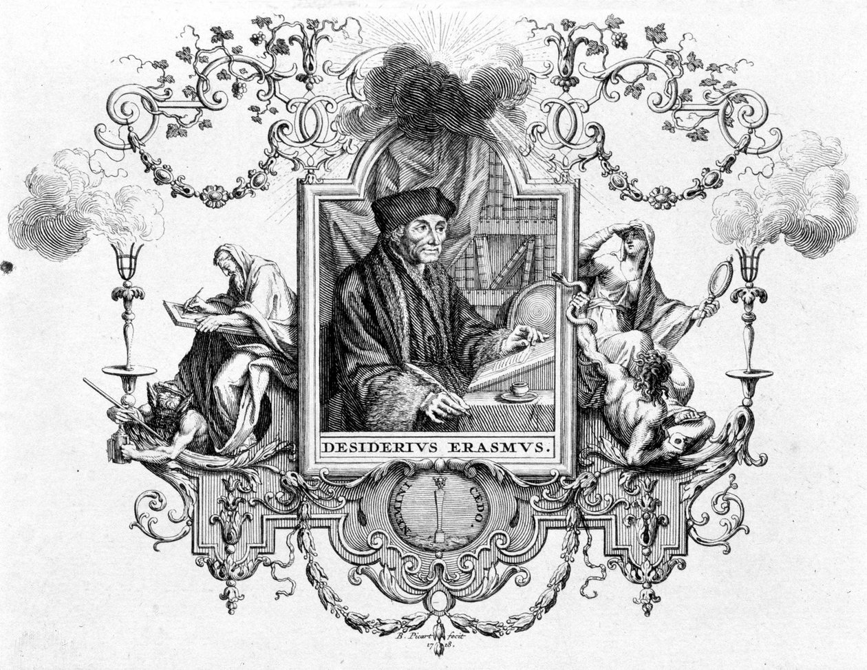 Erasmus portréja írásával - metszet alkotó: Unknown artist