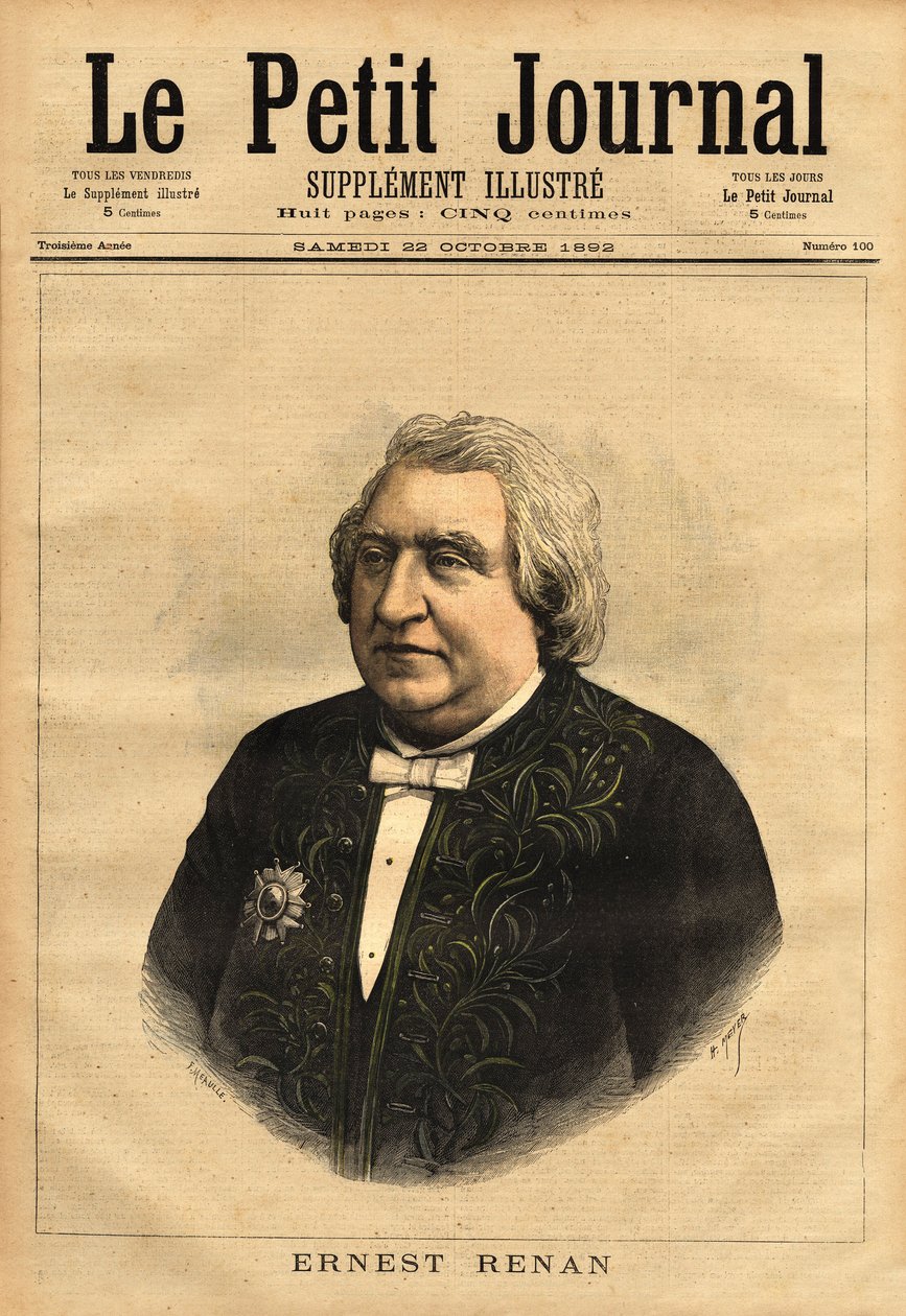 Ernest Renan (1823-1892) író, filológus, filozófus és történész portréja. A „Jézus élete” népszerű szerzője, amely Jézus életrajzának ezt a vitáját tartalmazza, amelyet egy hétköznapi ember életrajzának újraélesztenek, és hogy a Bibliát kritikusan kell kez alkotó: Unknown artist