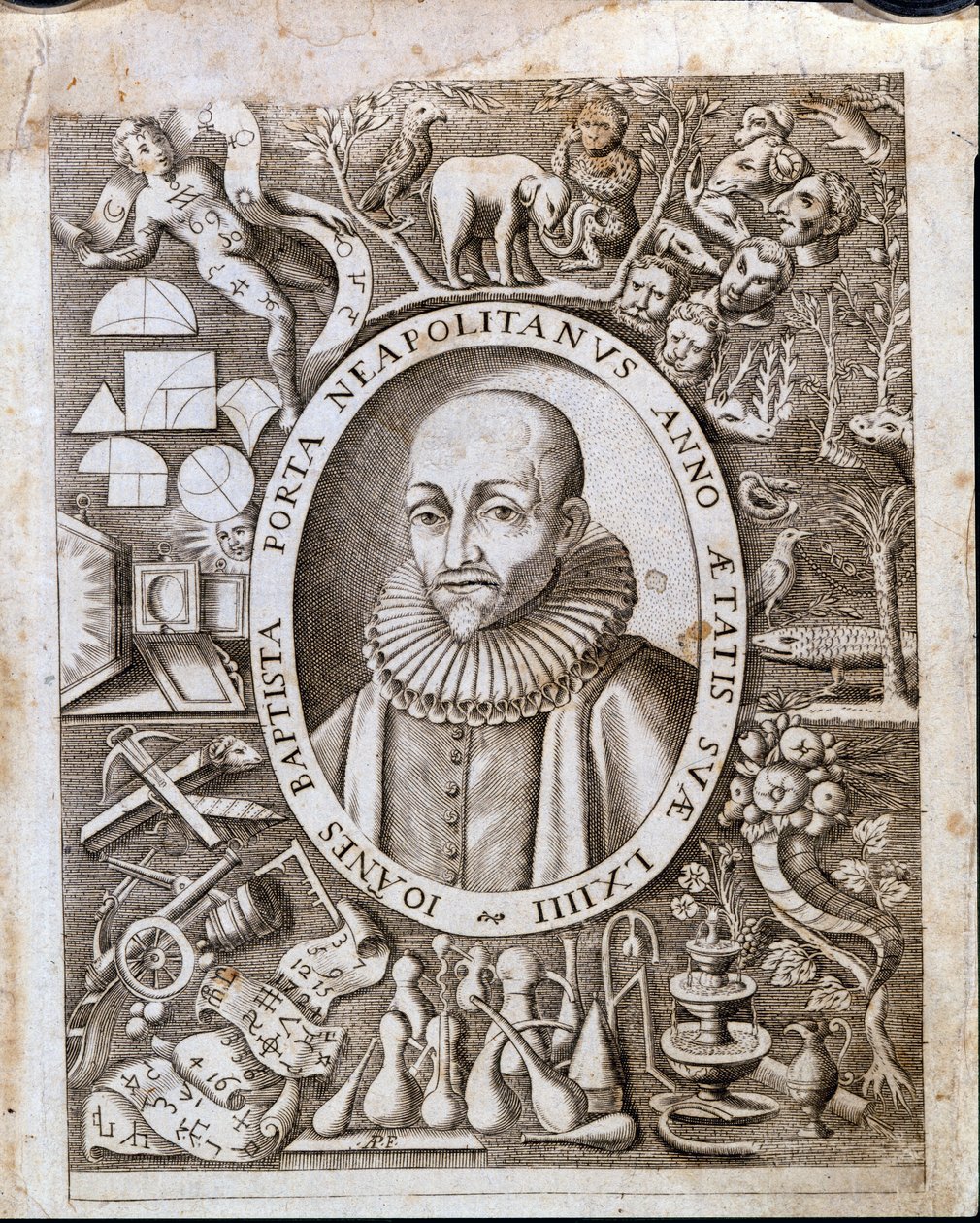 Giambattista (Keresztelő János, Keresztelő János) della Porta (1535 - 1615) portréja a „Magiae Naturalis” homlokzatán. 17. század. alkotó: Unknown artist