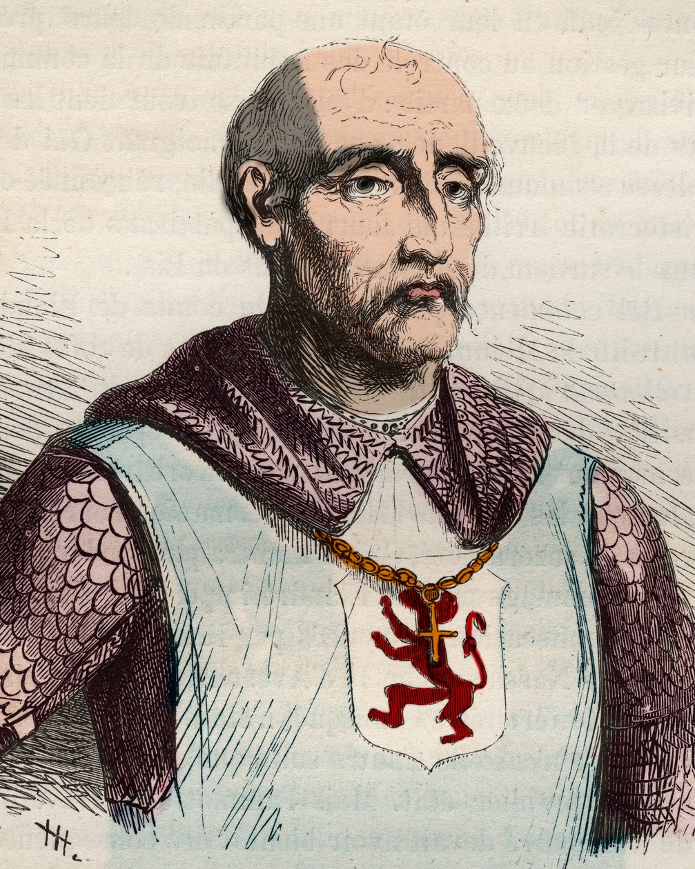 Gui vagy Guy de Dampierre (1226-1305) Flandria grófja és Namur grófjának portréja – Theodore Juste (1818-1888) „Belgium története a kezdetleges időktől I. Lipót uralkodásának végéig” című metszet 1868-ból ). Magángyűjtemény. alkotó: Unknown artist