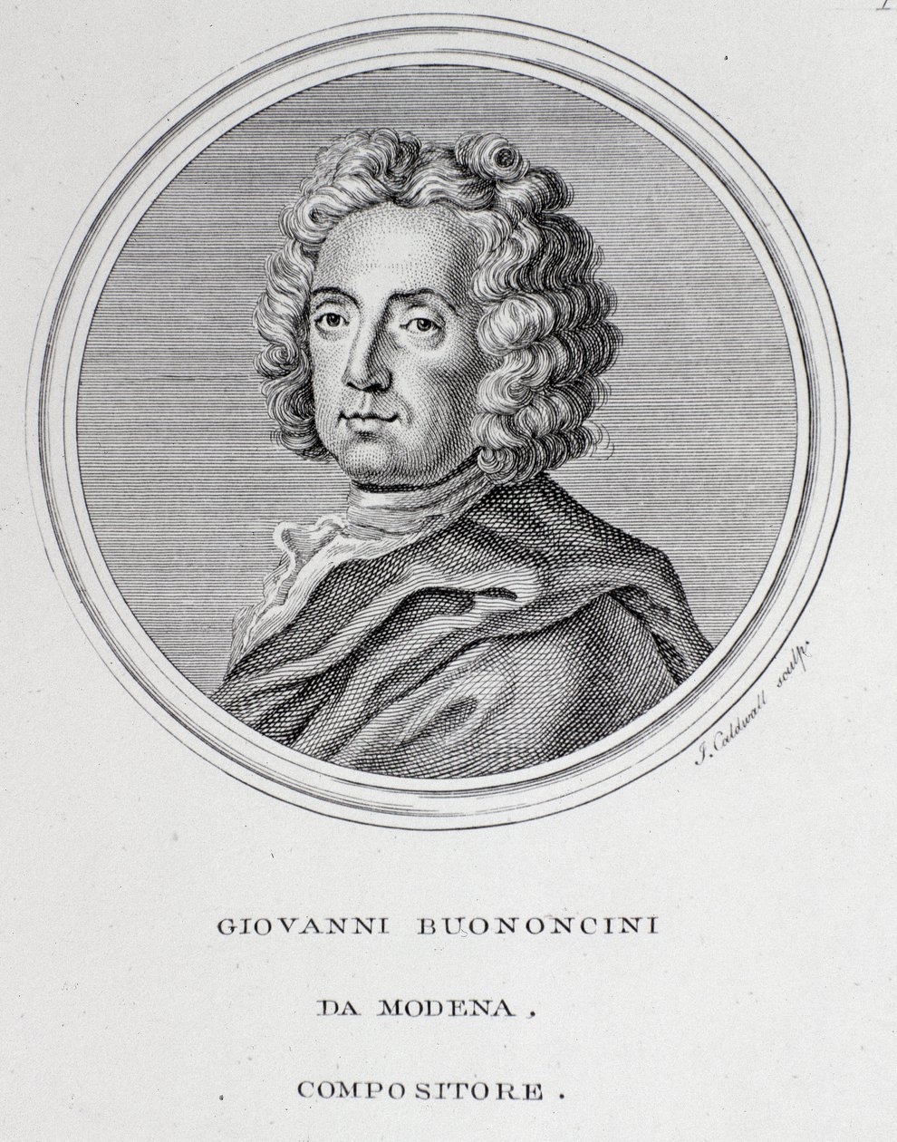 Giovanni Battista Bononcini (1670-1747) olasz barokk zeneszerző és csellóművész portréja Metszet. 18. század. Bologna, polgári bibliográfiai múzeum alkotó: Unknown artist