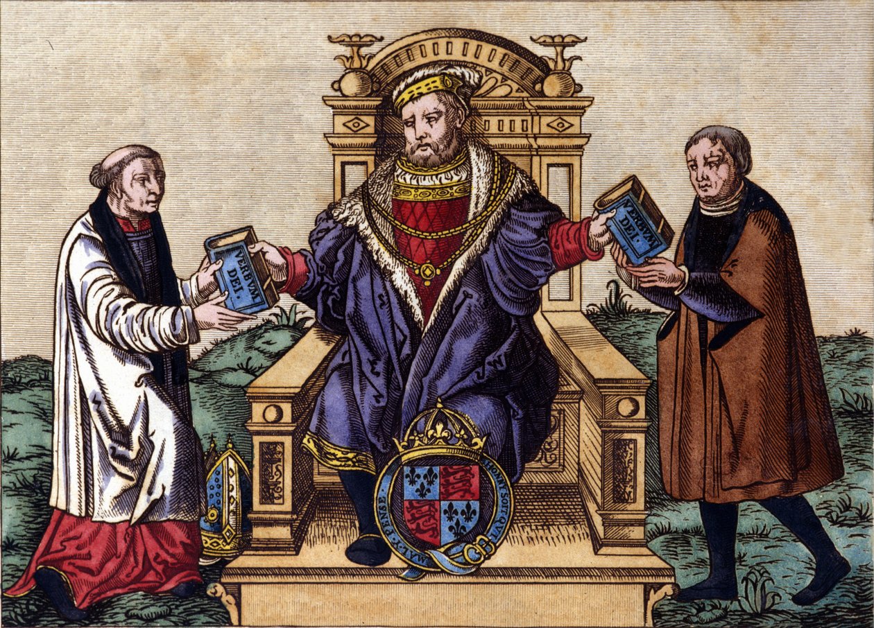 Henrik angol király (1491-1547) trónján ülő portréja, amely két udvaroncnak adja ki a Bibliát. Színező gravírozás. alkotó: Unknown artist