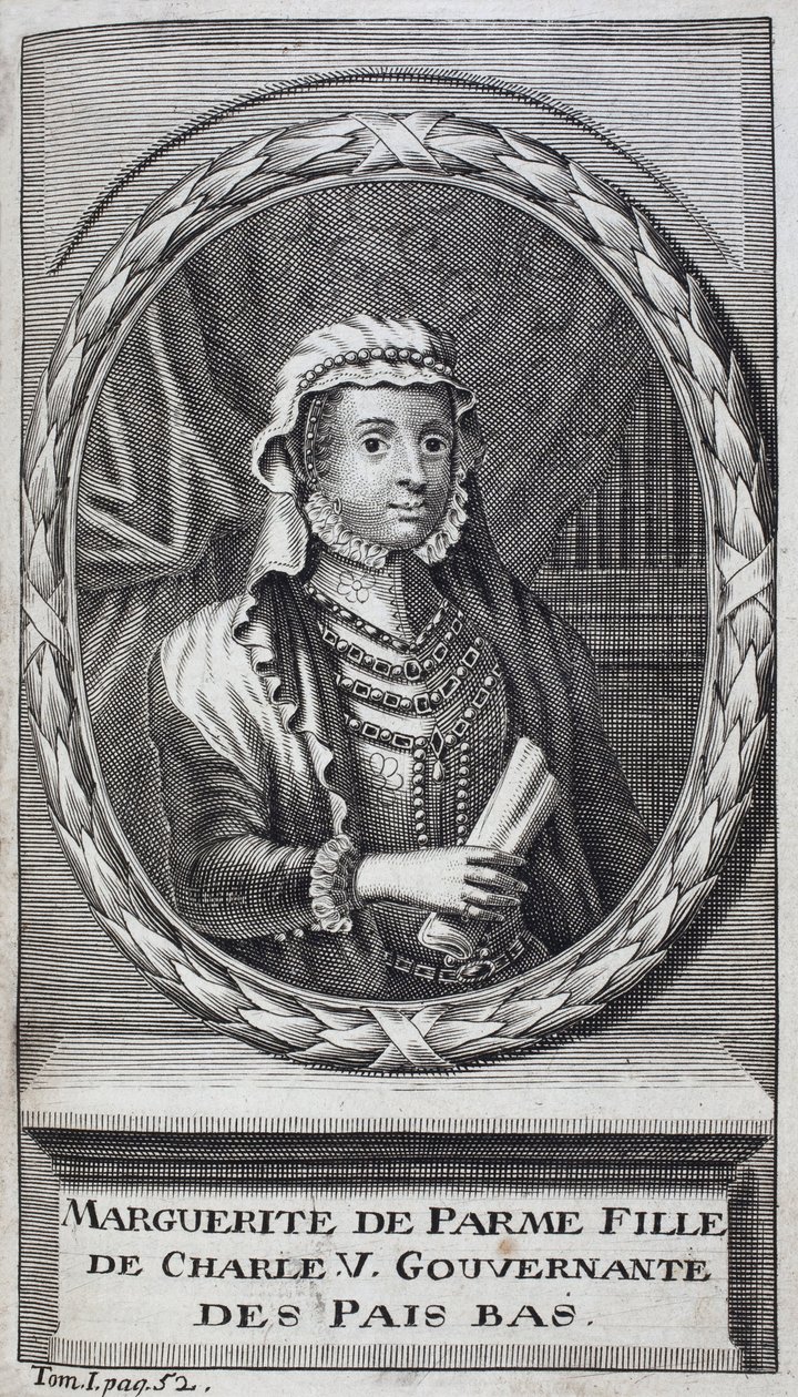 Pármai Margarita (vagy Ausztriai Margarita) (1522-1586), pármai és piacenzai hercegnő portréja, V. Károly (1500-1558) természetes lánya és Hollandia (Hollandia) nevelőnője 1559-1581 között. Metszet a „Fla háború története alkotó: Unknown artist