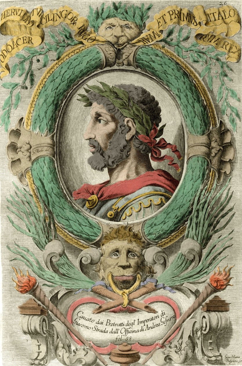Odoacre (Odovacar), a hunokkal szövetséges herulák vezetőjének és Attila miniszterének (435-493) portréja. 18. századi metszet. alkotó: Unknown artist