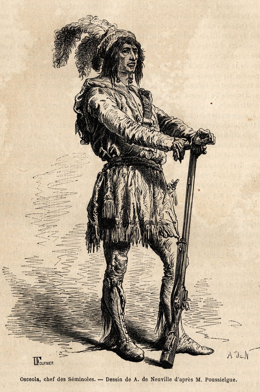 Osceola (1804-1838), a seminoles vezető portréja, az Egyesült Államok elleni indiai ellenállás élén a floridai háborúban (1835-1842). A négy hónap Floridában történt történetet illusztráló metszet, Achille Pousselgue 1851-1852 között, megjelent alkotó: Unknown artist