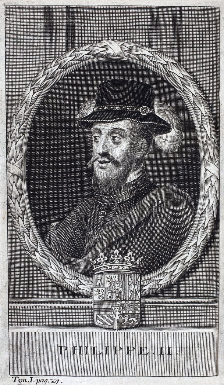 II. Fülöp spanyol (Felipe) (1527-1598), spanyol és portugál király portréja. Metszet a „Flandriai háború története” illusztrálására, Flamianus Strada, Joseph T