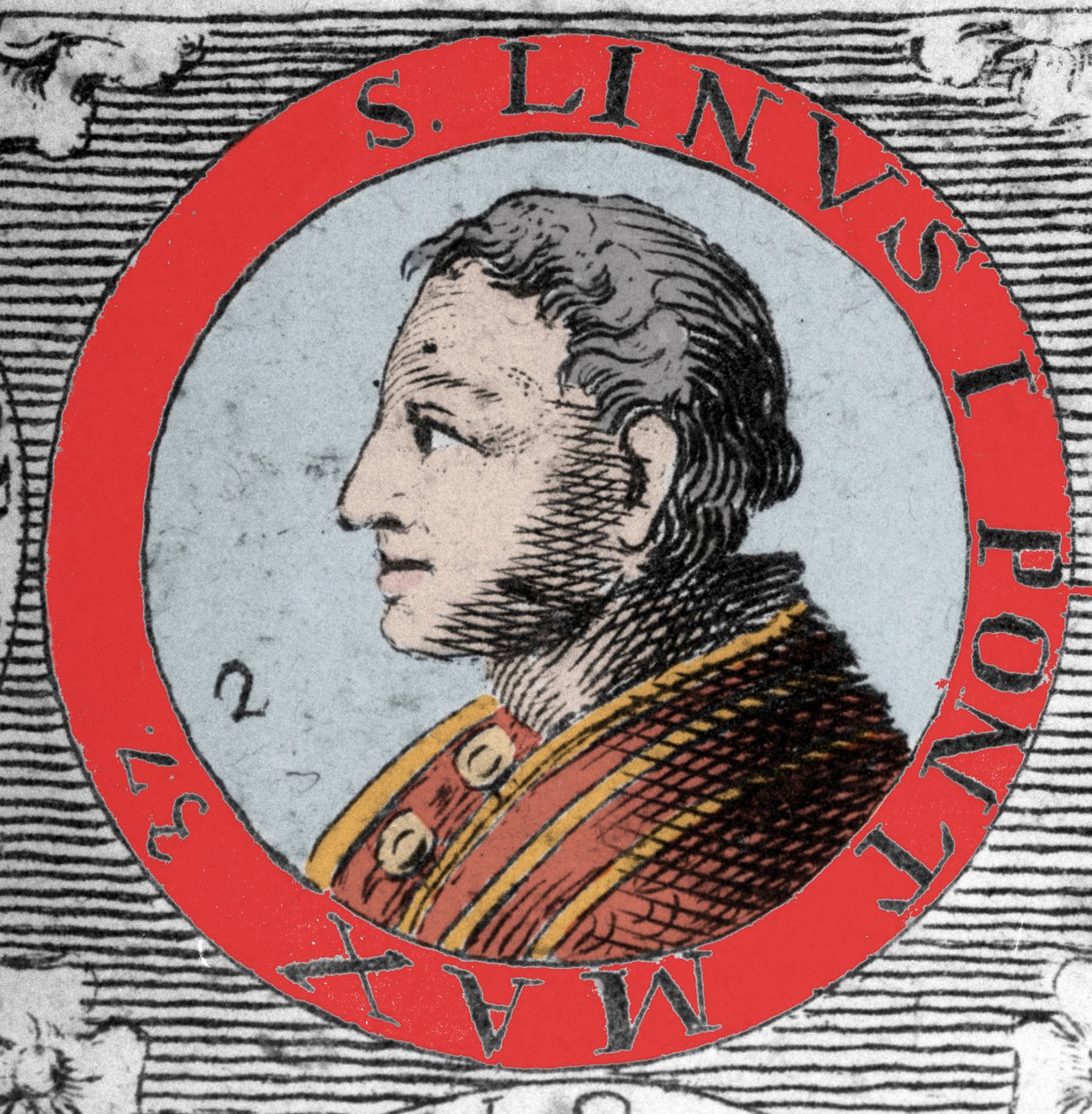 Lin pápa (Linus, San Lino) portréja Rómáról és Péter utódjáról. 1. század. 19. századi metszet. alkotó: Unknown artist