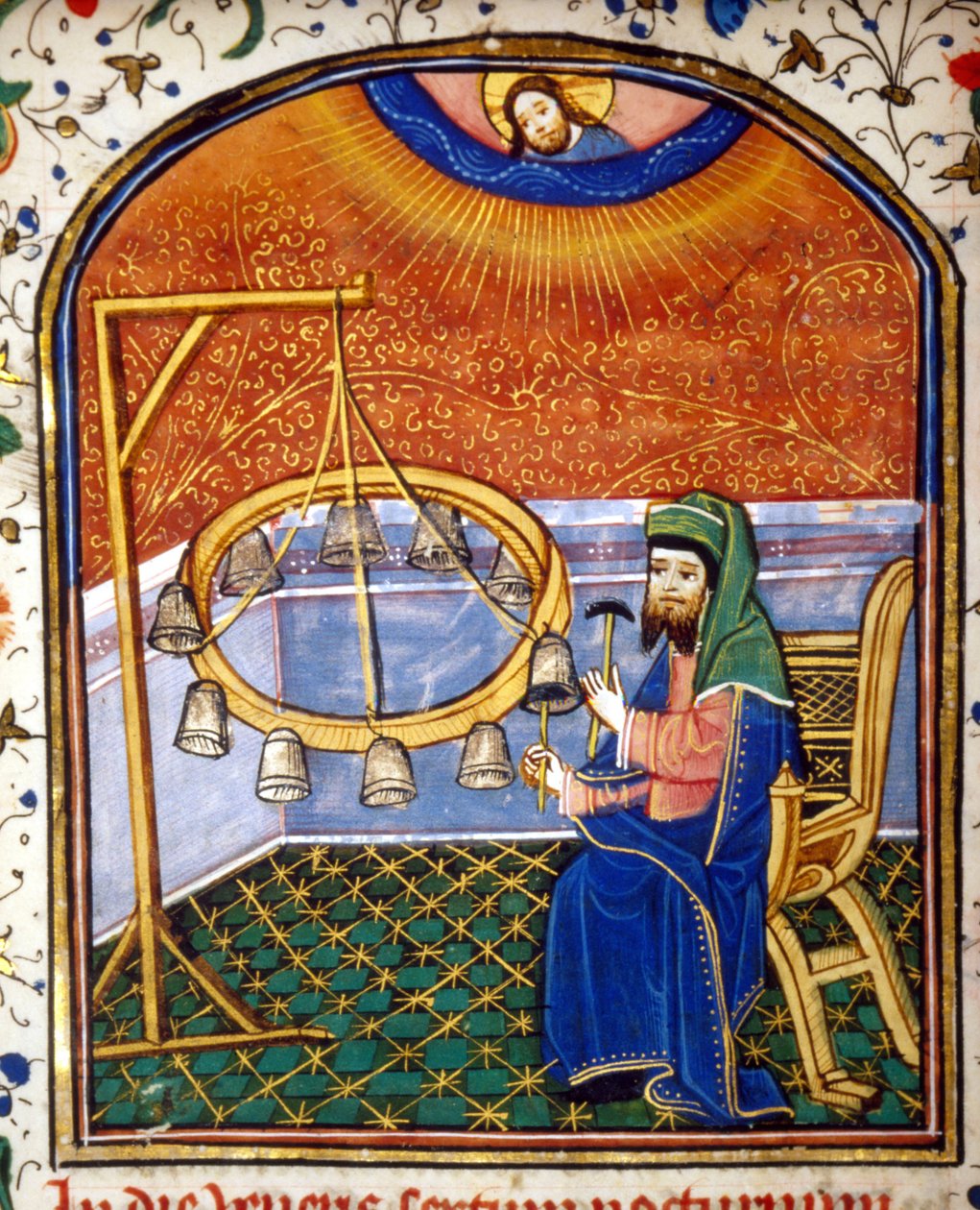 Pythagoras (kb. 570 - ie 480 körül), görög matematikus és filozófus portréja, ütős hangszeren (harangokon) játszik, 15. századi miniatűr. alkotó: Unknown artist