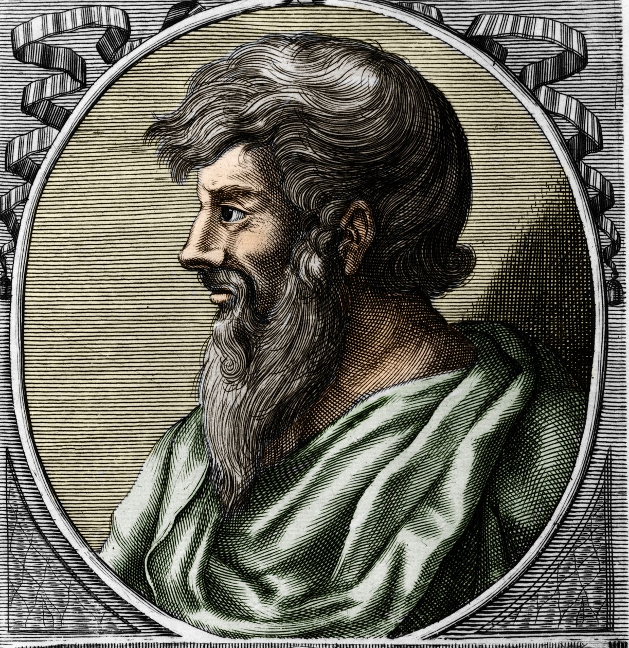 Pythagoras (kb. 570 - ie 480 körül), görög matematikus és filozófus portréja. 18. századi metszet alkotó: Unknown artist