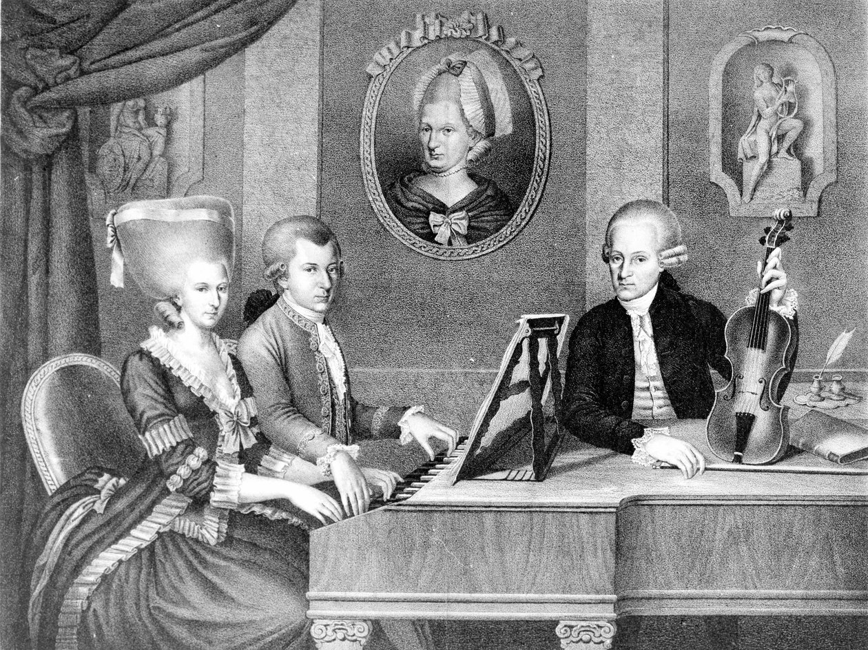 Wolfgang Amadeus Mozart (1756 - 1791) portréja apja és anyja között. századi litográfia. alkotó: Unknown artist