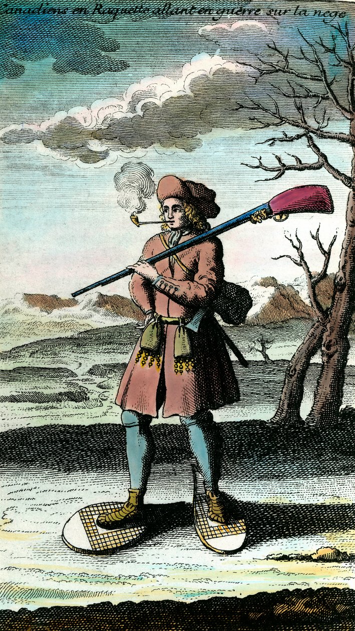 Portréja egy kanadai hócipőben a hóban, háborúba indul. 18. századi metszet. Magángyűjtemény. alkotó: Unknown artist