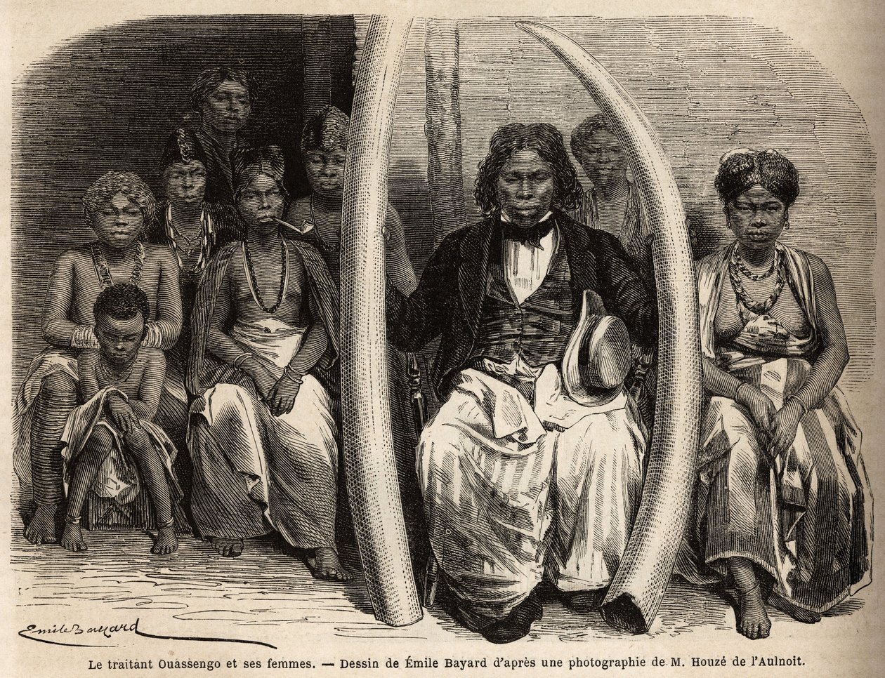 Egy afrikai elefántcsont alkudozó portréja veszi körül a feleségeit. Emile Bayard (1837-1891) rajza Griffon du Bellay doktor 1861-64-es Gabonba tett utazásának illusztrálására. Gravírozás a „Le tour du monde”-ban, szerkesztette Edouard Charton alkotó: Unknown artist