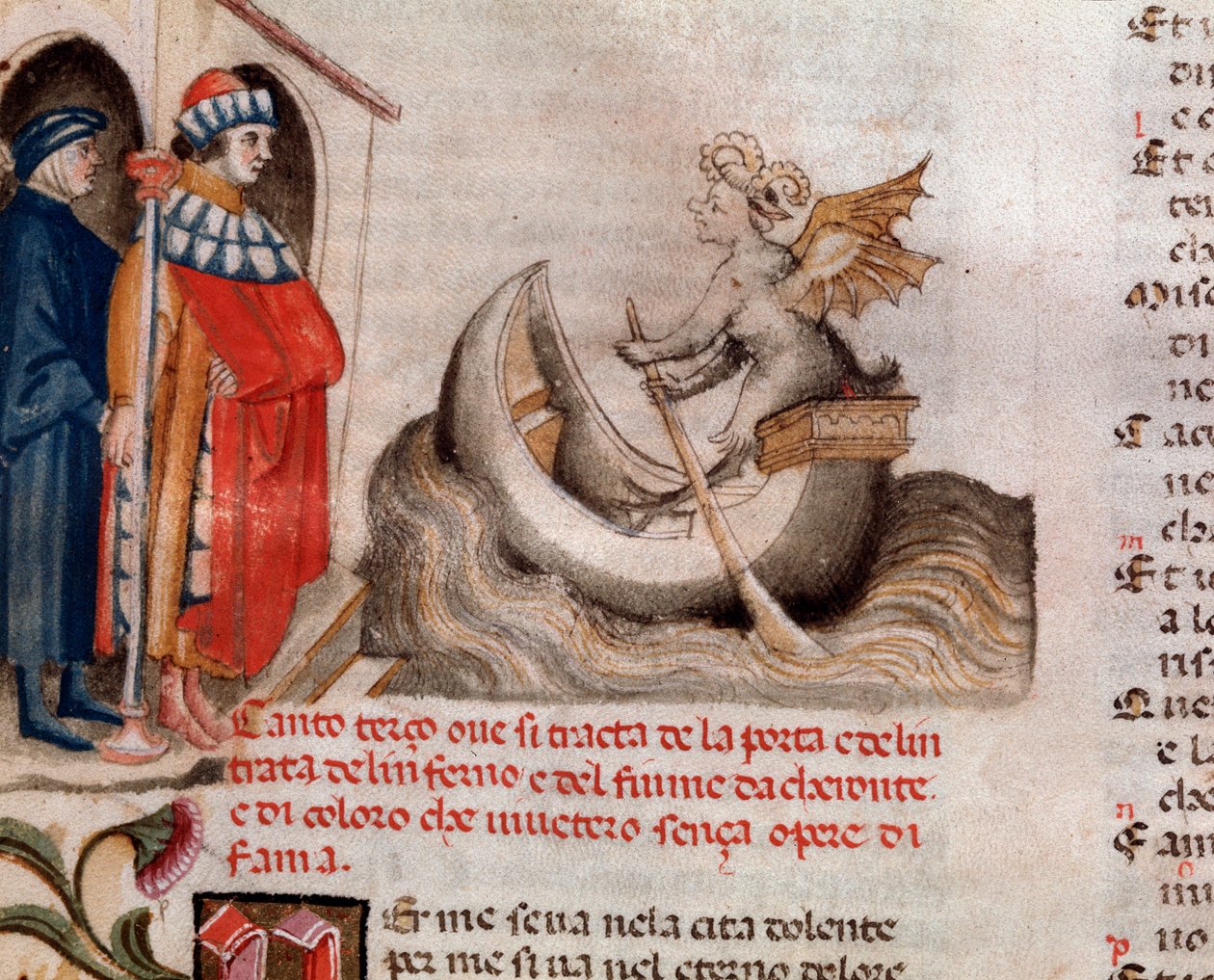 Dante Alighieri olasz költő portréja, aki Charont nézi az Acheronon a lelkekkel átszelve hajóját (3. ének a pokolból, az Isteni színjátékban) - miniatűr XV. alkotó: Unknown artist