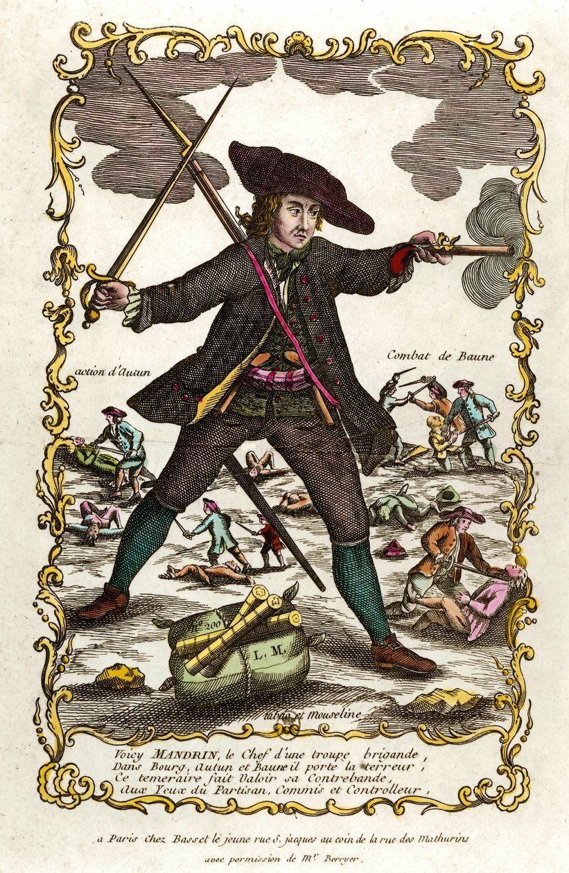 Louis Mandrin francia brigand (kb. 1725-1755) portréja. Mögötte Autun akciója és Baune harca. 18. századi metszet. Magángyűjtemény alkotó: Unknown artist