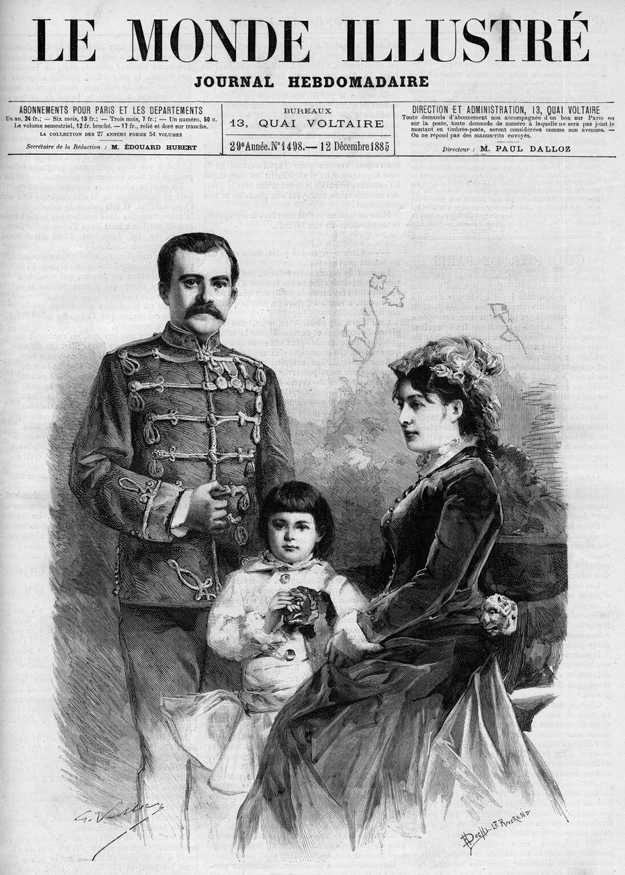I. Milánó (Obrenovics Milánó) (1854-1901) szerb király portréja, Nathalie királyné és trónörököse, Sándor herceg veszi körül „A jeles világ 1885” c. alkotó: Unknown artist