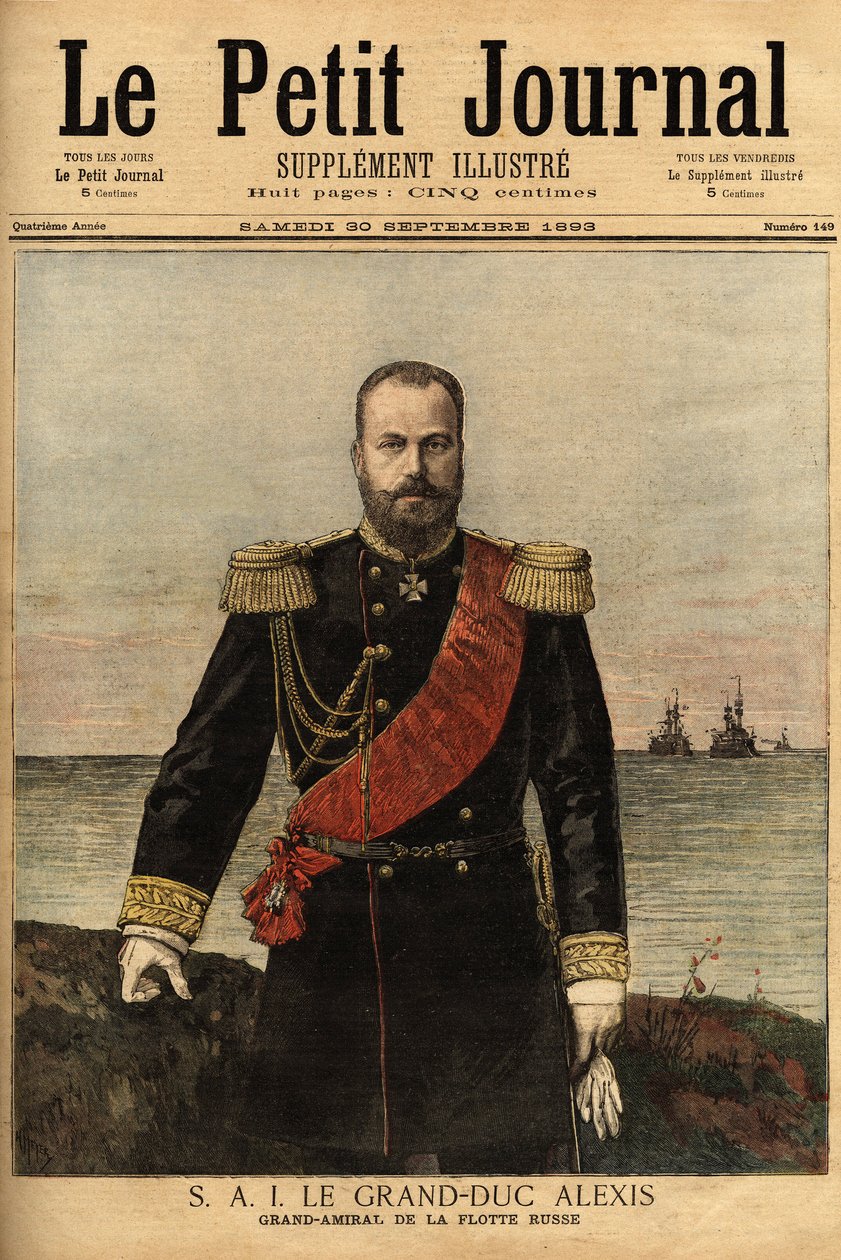 Az orosz flotta Franciaországgal szövetséges admirálisának, Alekszandrovics Romanov nagyhercegnek (1850-1908), II. Sándor cár fiának (1818-1881) portréja. Metszet a „” Le petit Journal”-ban, 1893.09.30. Selva gyűjteménye. alkotó: Unknown artist