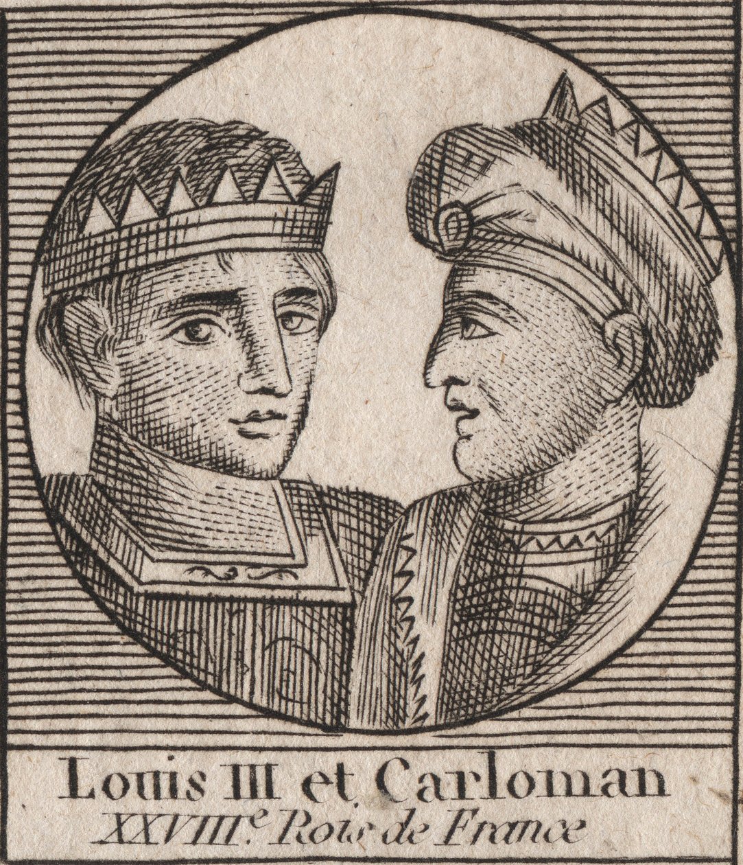 Lajos (863/65-882), a frankok királya 879 és 882 között és II. Károly (866-884), a frankok királya 879 és 884 között – II. Lajos nyugat-francia király és II. Károly nyugati király portréi Francia - metszet az „Instruction sur l