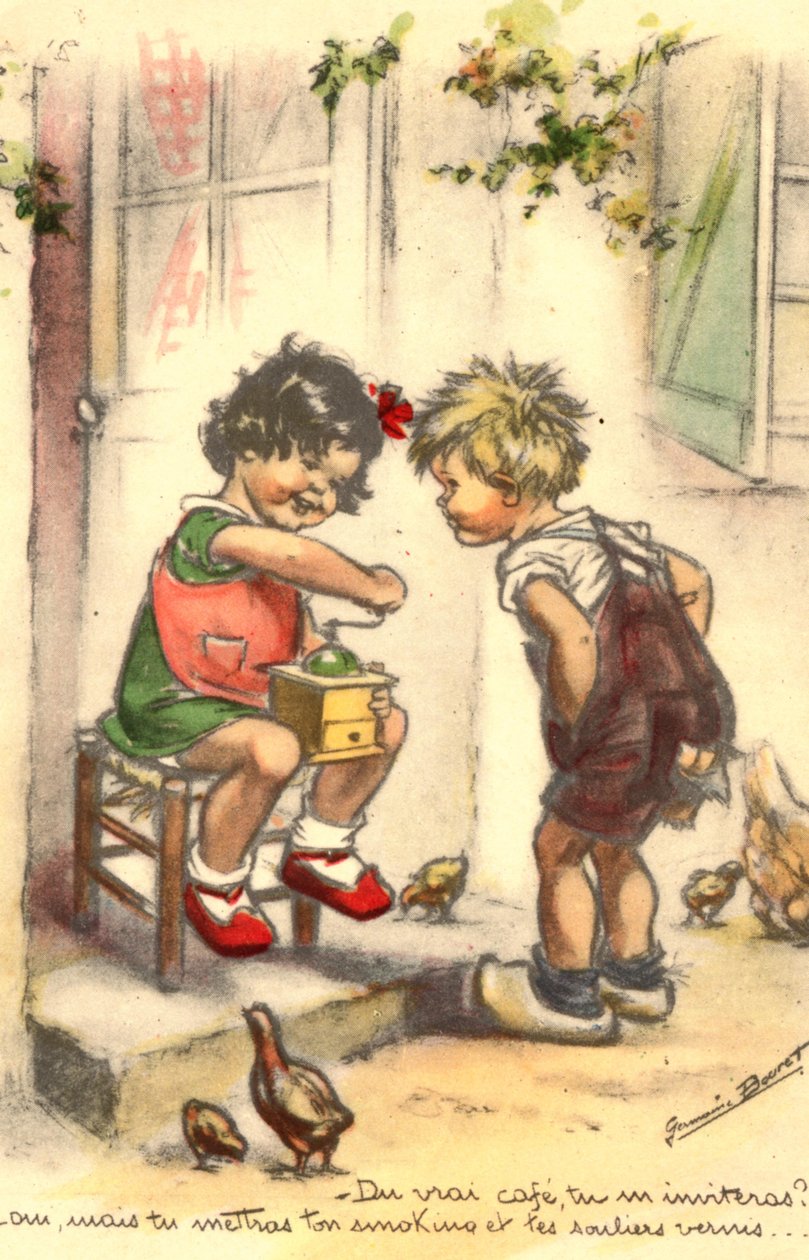 Képeslap, Giccs, két gyerek kávédarálóval, lány és fiú alkotó: Unknown artist