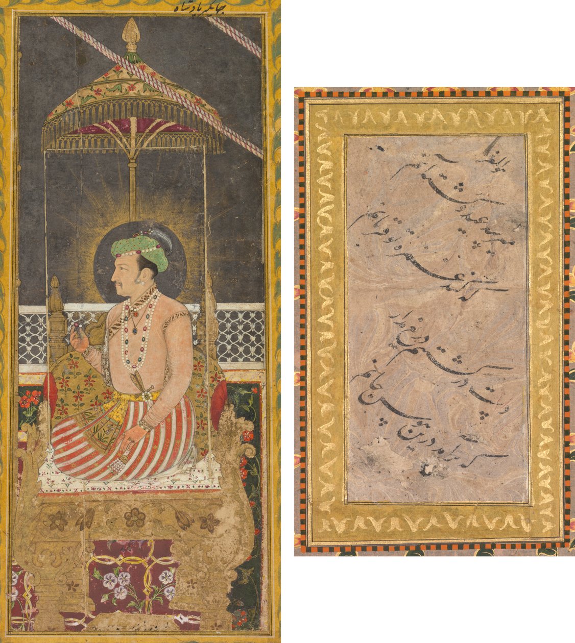 Jahangir császár posztumusz portréja baldachin alatt (recto); kalligráfia (fordítva) alkotó: Unknown artist