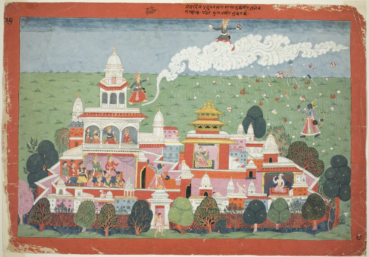 Pradyumna belép a démon Sambar palotájába és harcra hívja őt, oldal a Bhagavata Purana egyik szétszórt kéziratából. alkotó: Unknown artist