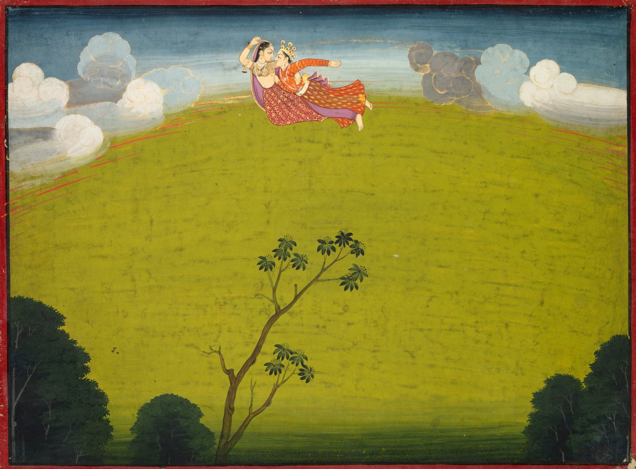 Pradyumna és Mayavati repülnek Dwarkába, a Nagy Basohli Bhagavata Puránából alkotó: Unknown artist