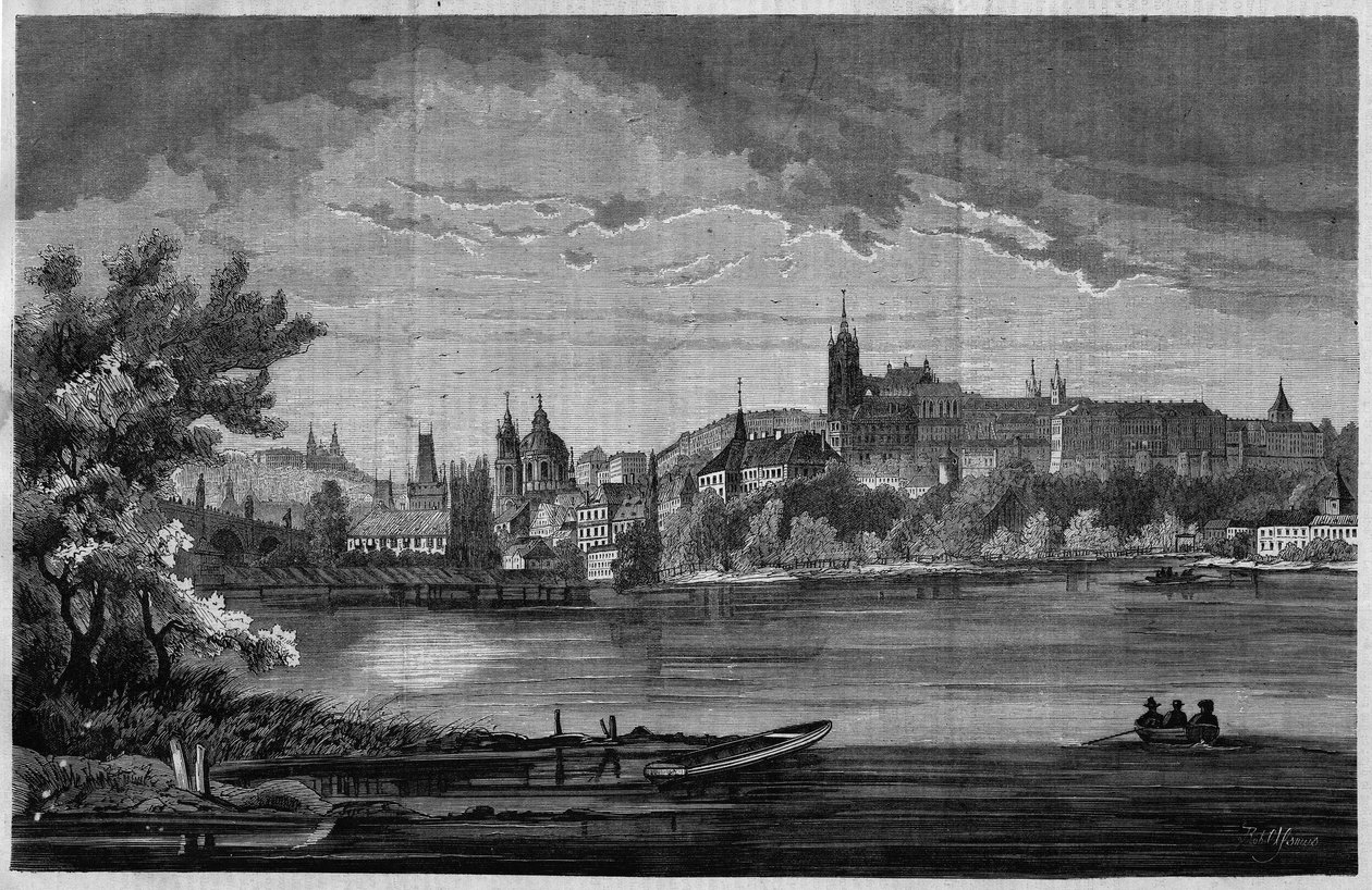 Prága, kilátás a Saint Nicholas de la Kleinseite templomnegyedre és a várnegyedre (Hradcany), amely magában foglalja a királyi palotát, 3 templomot, egy kolostort és a Szent Guy-székesegyházat. In „” Lunivers illustré””, 1866.08.08. alkotó: Unknown artist