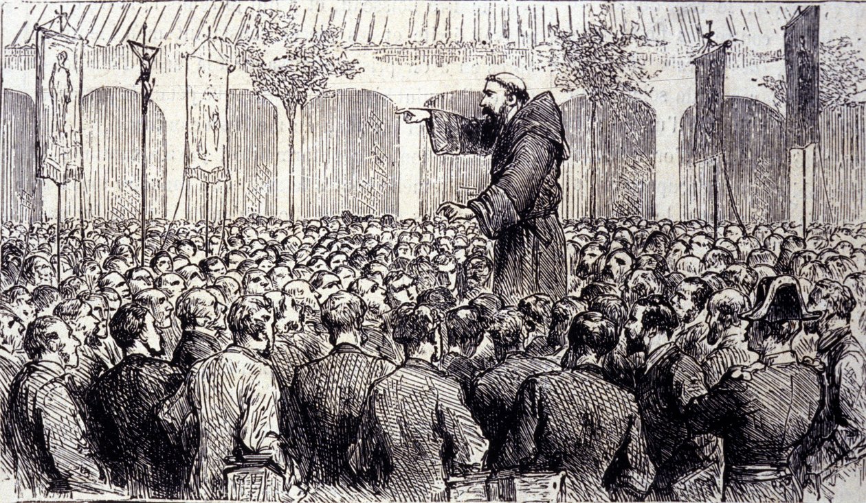 Egy kapucinus szerzetes jóslata a pelerineknek, akik Lourdes-ba érkeztek a Magas-Pireneusokban, ahol a Szűz 1858-ban megjelent Bernadette Soubirousnak (1844-1879), a jelenlegi zarándokhely. Metszet 1877-ből alkotó: Unknown artist