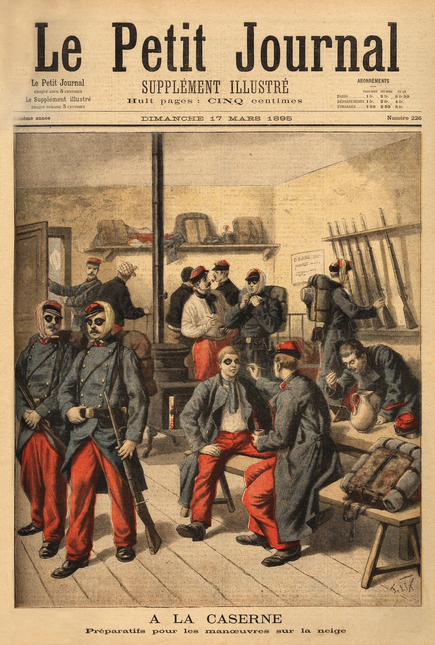 A havon való manőverekre készülve a katonákat füstszemüveges szemüveg helyett fekete korom veszi körül. Metszet a „” Le petit journal”-ban 1895.03.17. Selva gyűjteménye. alkotó: Unknown artist