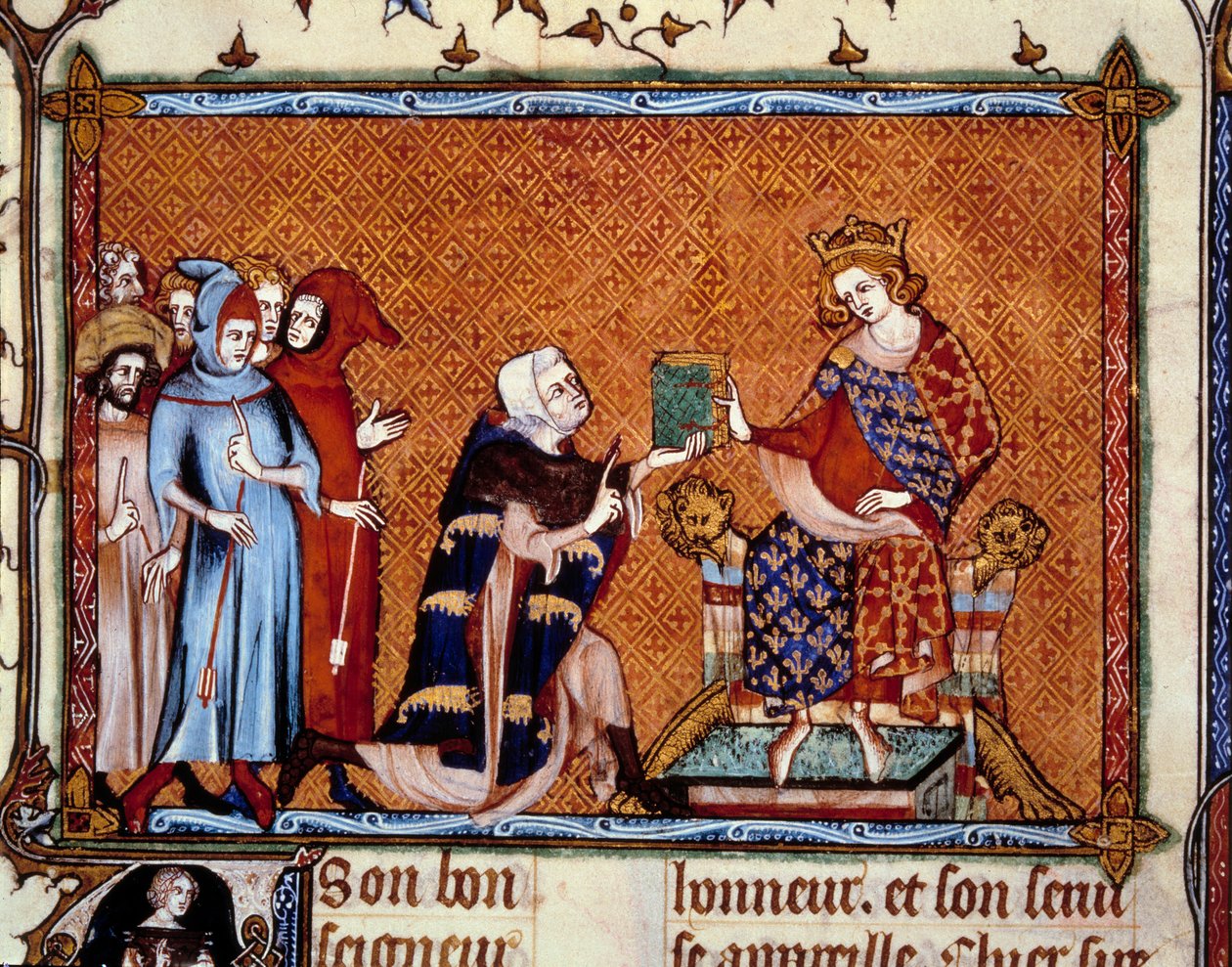 A könyv bemutatója: Jean de Joinville (1224-1317) felajánlja könyvét Lajos navarrai királynak, a jövendő X. Lajos hutinnak. Miniatűr a „Vie de Saint Louis”-ban alkotó: Unknown artist