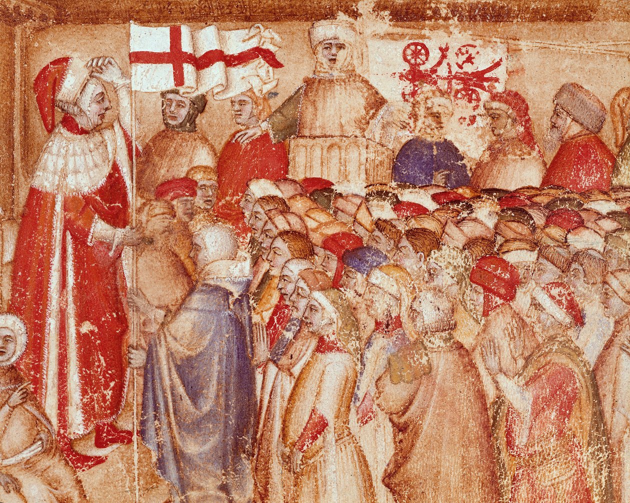 Katonai zászló átadása a Carraresi család hercegének, Padova város urainak Miniatűr a „Chronica Carrariensibus”-ból” (A Carraresi család krónikái) 14. századi Biblioteca Capitolare, Padova alkotó: Unknown artist