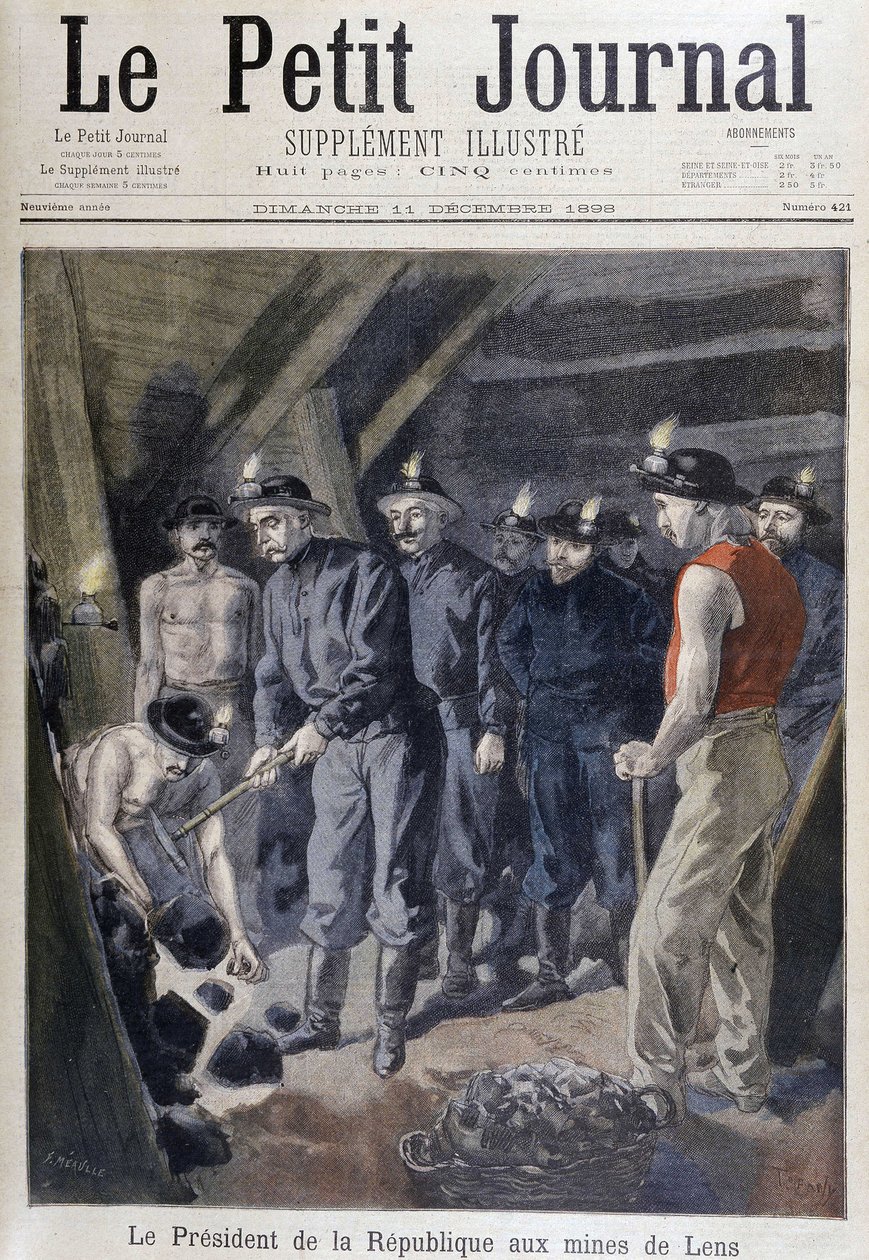 Jean Casimir-Perrier köztársasági elnök (Casimir Perrier, Casimir Perrier, Casimir Perrier) bányászoktól körülvéve Lens bányáiban, „” Le petit journal””” december 11. alkotó: Unknown artist