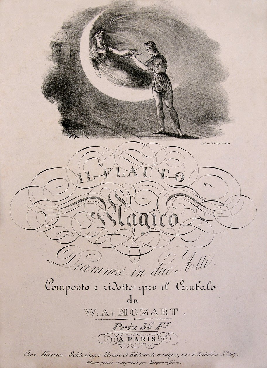Tamino herceg megkapja az Éj Királynője elvarázsolt furulyáját, W.A. Mozart (1756-1792) „” Az elvarázsolt furulya” (Die Zauberflote) (1791) című partíciós könyvének borítóillusztrációját. Leonard de Selva kollekció. alkotó: Unknown artist