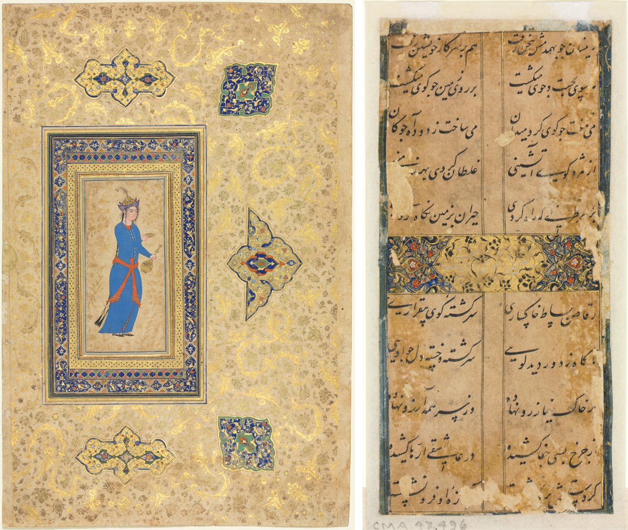 Hercegnő borosüveggel és kupával (recto); Perzsa versek (verso) alkotó: Unknown artist
