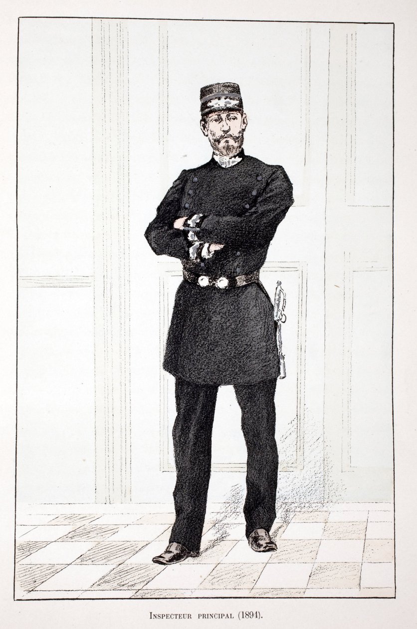 főfelügyelő (1894). Színes rézkarc, illusztrációként „” A békefenntartók hadtestének története”” című könyv Louis Lepine (1846-1933) Szajna-menti rendészeti prefektus gondozásában jelent meg Alfred Rey (1864-?) és Louis Feron (1862) gondozásában. -?) alkotó: Unknown artist