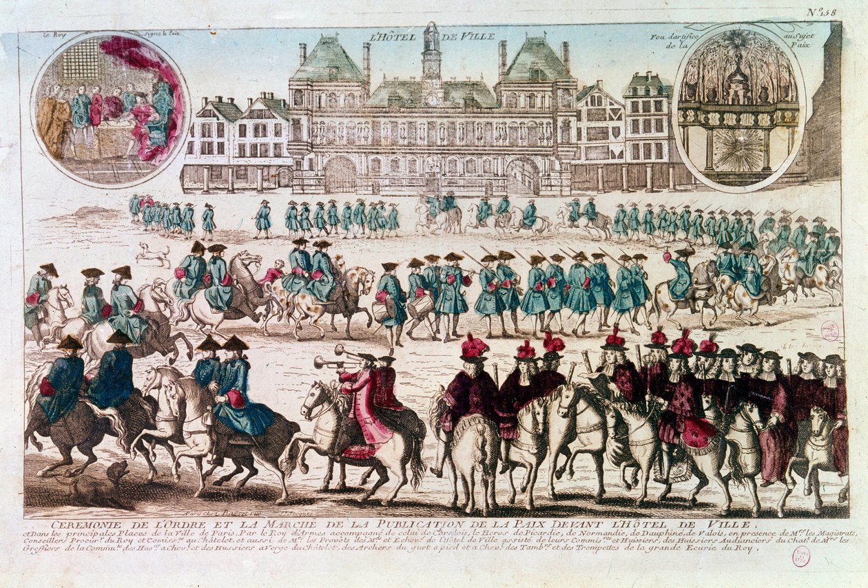 Felvonulás a Béke Közzétételi Ünnepség alkalmából a Városháza (Place de Greve) előtt. A 18. századi metszet B.N. Párizs alkotó: Unknown artist