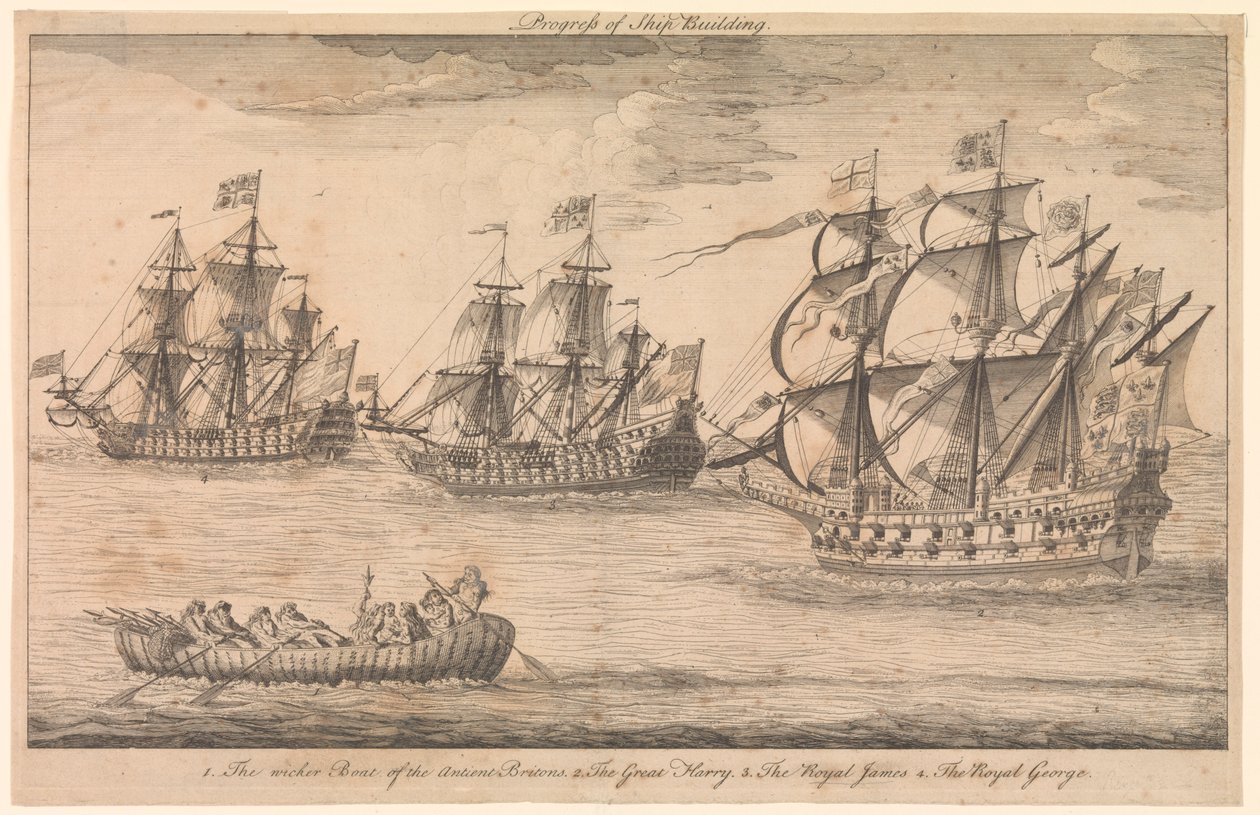 A hajóépítés fejlődése. 1. Az ókori britek fonott hajója 2. A Nagy Harry 3. A Royal James 4. A Royal George alkotó: Unknown artist