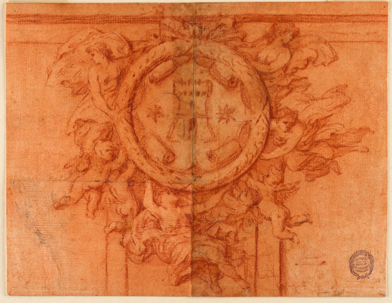 Faldísz projekt (Női figurák és putti egy kör alakú címeres medaliont támogatnak) alkotó: Unknown artist