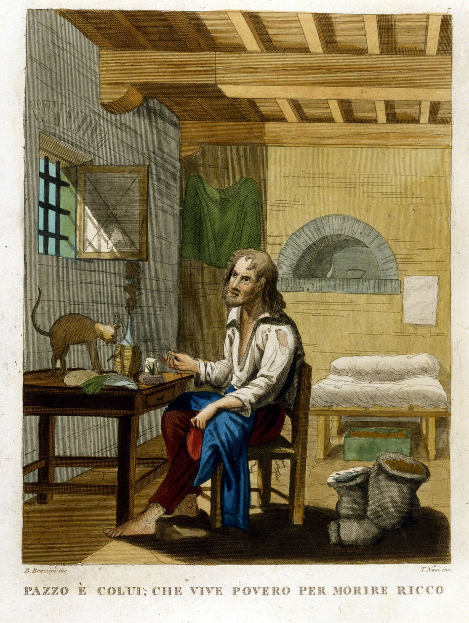 A kapzsiságot illusztráló közmondás: „Szegényen élni gazdagon halni”. alkotó: Unknown artist