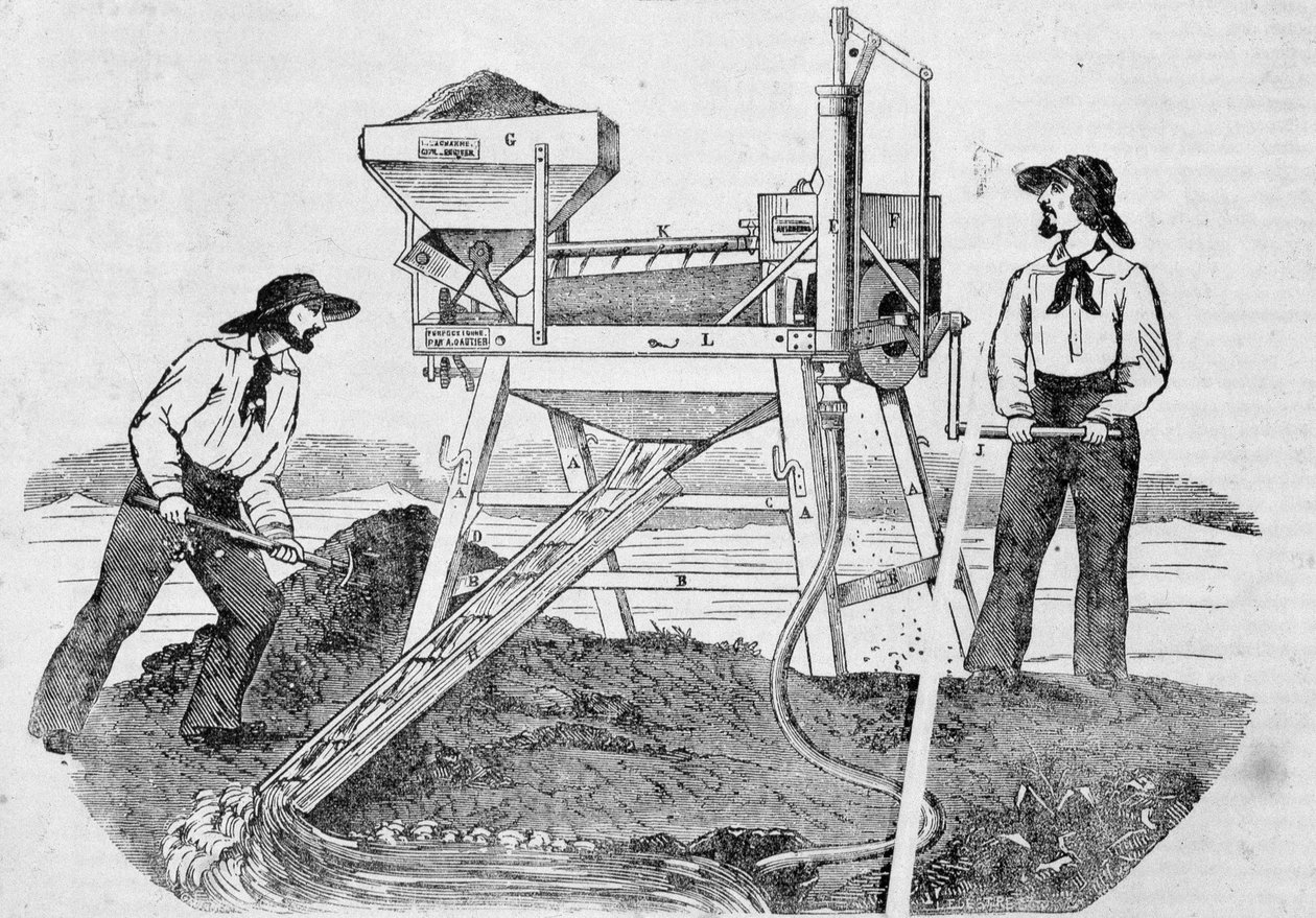 Pub „The Fortune, Company of the Gold Mines of California””: kép, amely két aranyásót ábrázol, akik mosógépben dolgoznak és aranyat kevernek – a „Charivariban” június 25-én alkotó: Unknown artist