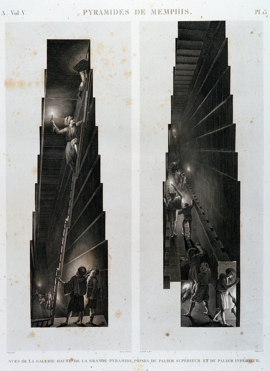 Memphis piramisai: a Nagy Piramis felső galériájának képe, a felső és az alsó csapágyból - „Egyiptom leírása” című részben, Imperial Editions alkotó: Unknown artist