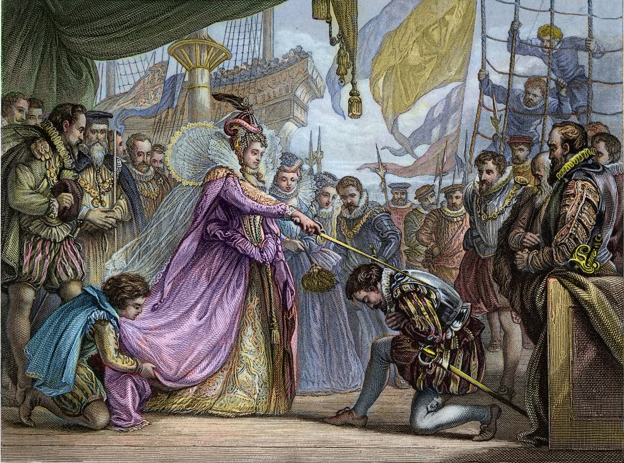 I. Erzsébet királynő (1530-1603) Francis Drake (1540-96) lovaggá ütötte – Francis Drake (1540-1596) lágyítása alkotó: Unknown artist