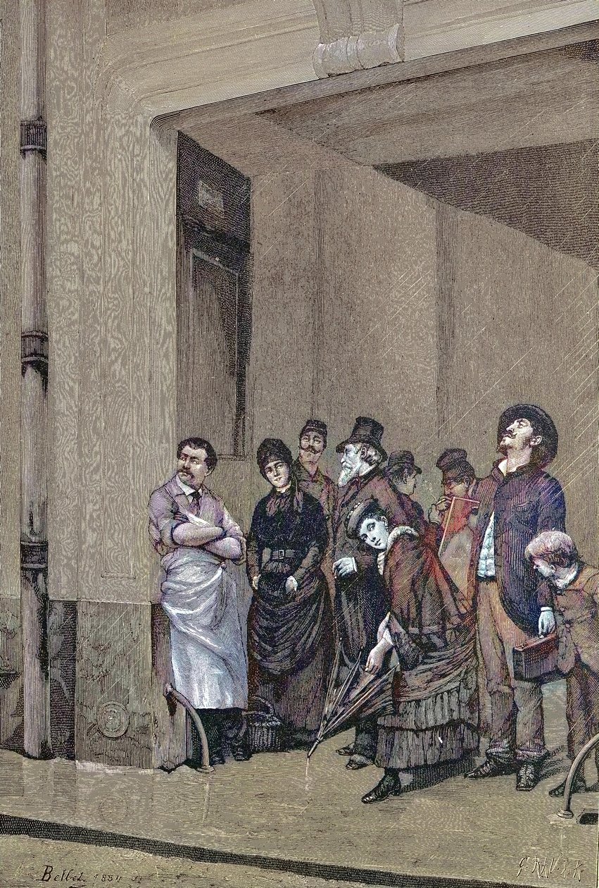 Esős idő, tető alatt álló emberek, akik arra várnak, hogy elálljon az eső, A. Bellet festménye alkotó: Unknown artist