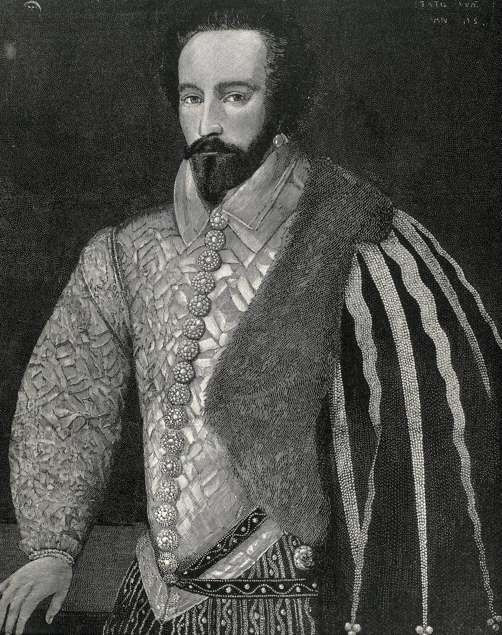 Raleigh, Sir Walter (1554-1618). Angol tengerész, felfedező és bróker. Sir Walter Raleigh portréja. Metszet 1891-ben, egy névtelen eredeti után készült, amelyet a londoni National Portrait Gallery-ben őriznek. Metszet. alkotó: Unknown artist