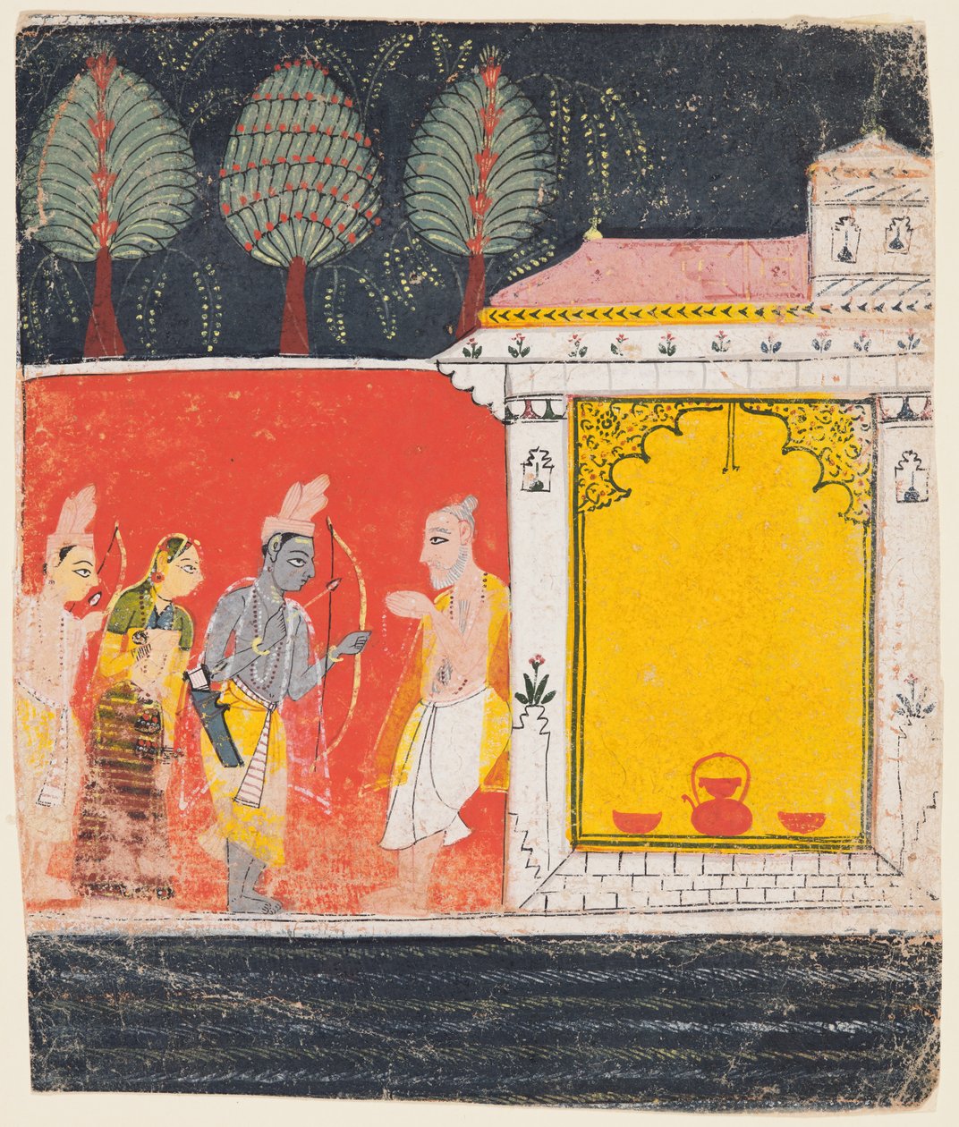 Rama, Sita és Lakshmana látogasson el az Ermitázsba a Sage Bharadwaja-nál Prayagban, a Rámájánából alkotó: Unknown artist