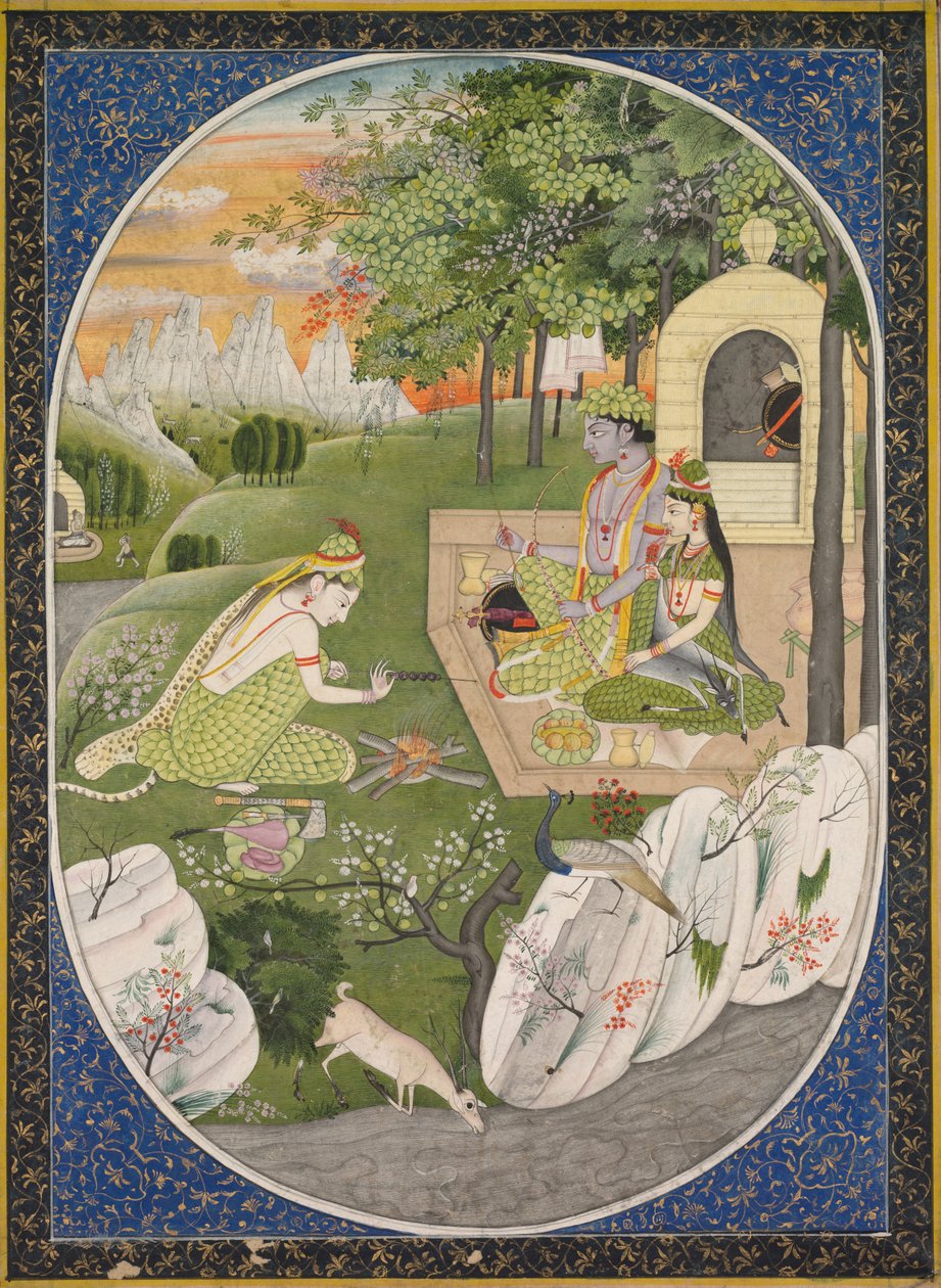 Rama, Sita és Lakshmana az erdőben, oldal a Ramayana-ból (Ráma Isten meséi) alkotó: Unknown artist