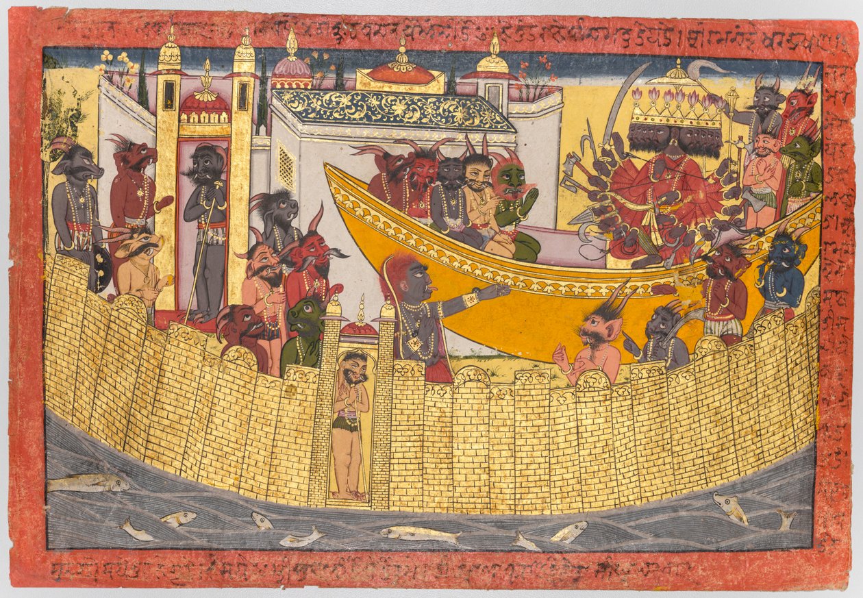 Ravana nővére panaszkodik, hogy Lakshmana levágta az orrát, amikor a démonok indulni készülnek, hogy elfoglalják Sitát a „Shangri” Rámayana-ból. alkotó: Unknown artist