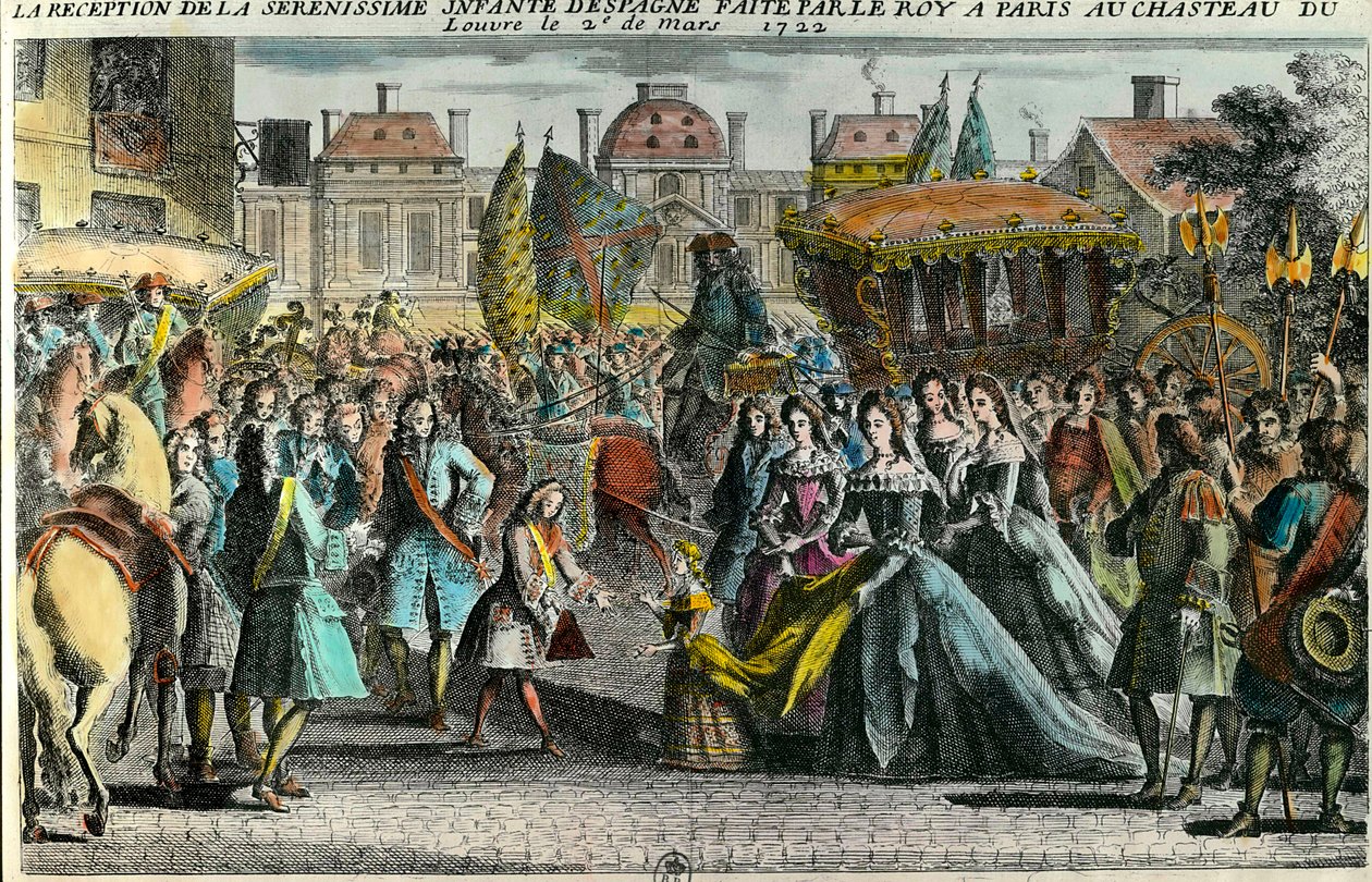1722. március 2-án fogadta Spanyolország csecsemőjét, Marie Anne Victoire-t (1718-1781) XV. Lajos király Párizsban a Louvre-ban. Mariana Victoria de Borbon 3 évesen eljegyezte XV. Lajossal, 11 évesen. a 18. század. Magángyűjtemény alkotó: Unknown artist