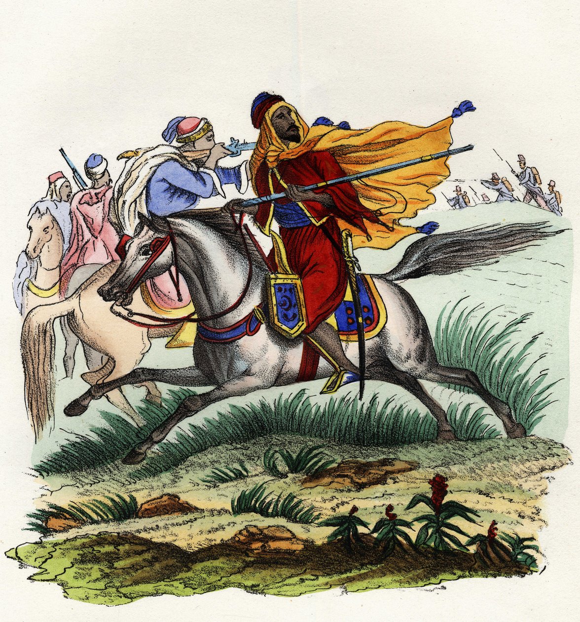 Abd-el-Kader emír vörös lovasai az afrikai francia hadsereg vadászai elől menekülve Oranban 1841-ben. In „” Storia d