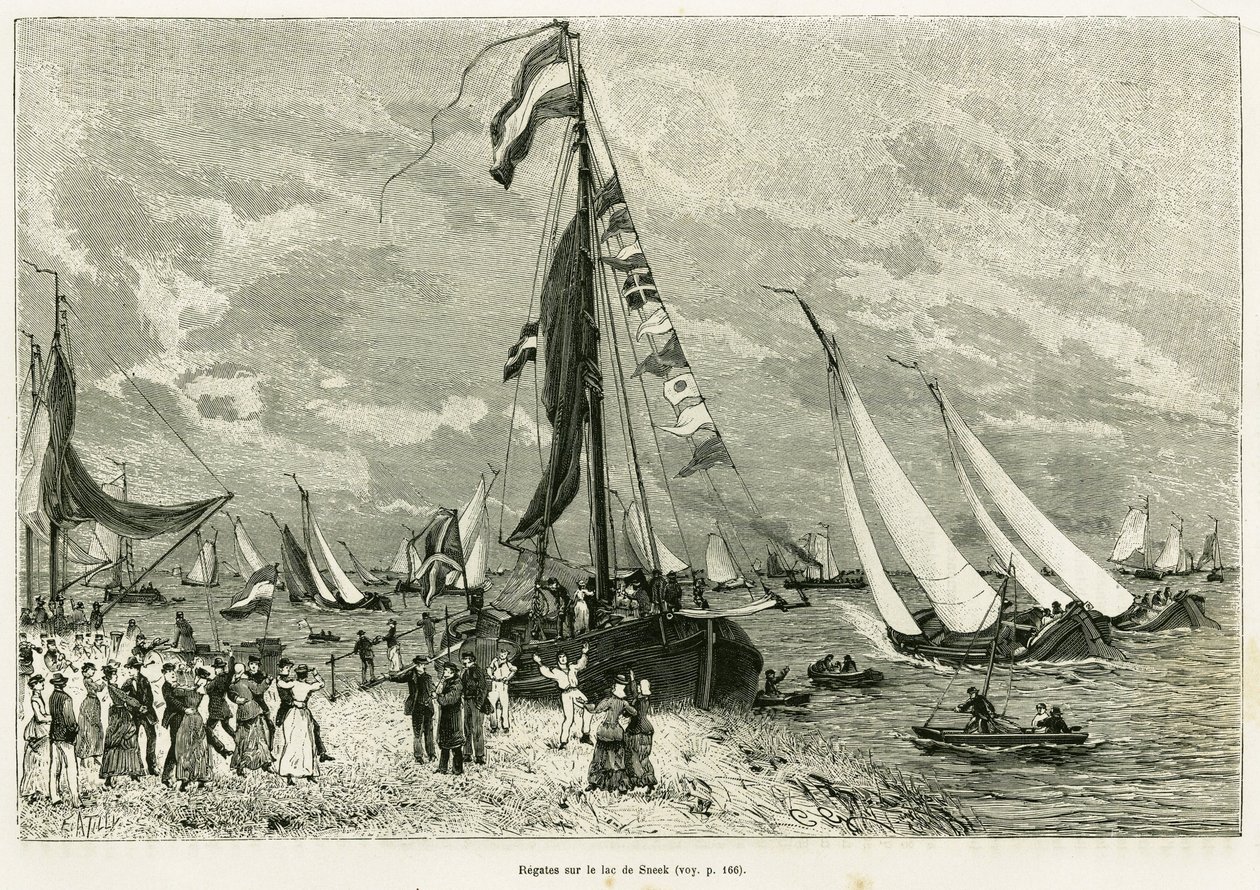 Regates a Sneek-tavon (Hollandia). Metszet a La Frise című történet illusztrálására, egy holland újság kapcsolatán alapul, in le tour du monde 1886, rendező: Edouard Charton (1807-1890), Hachette, Párizs. alkotó: Unknown artist