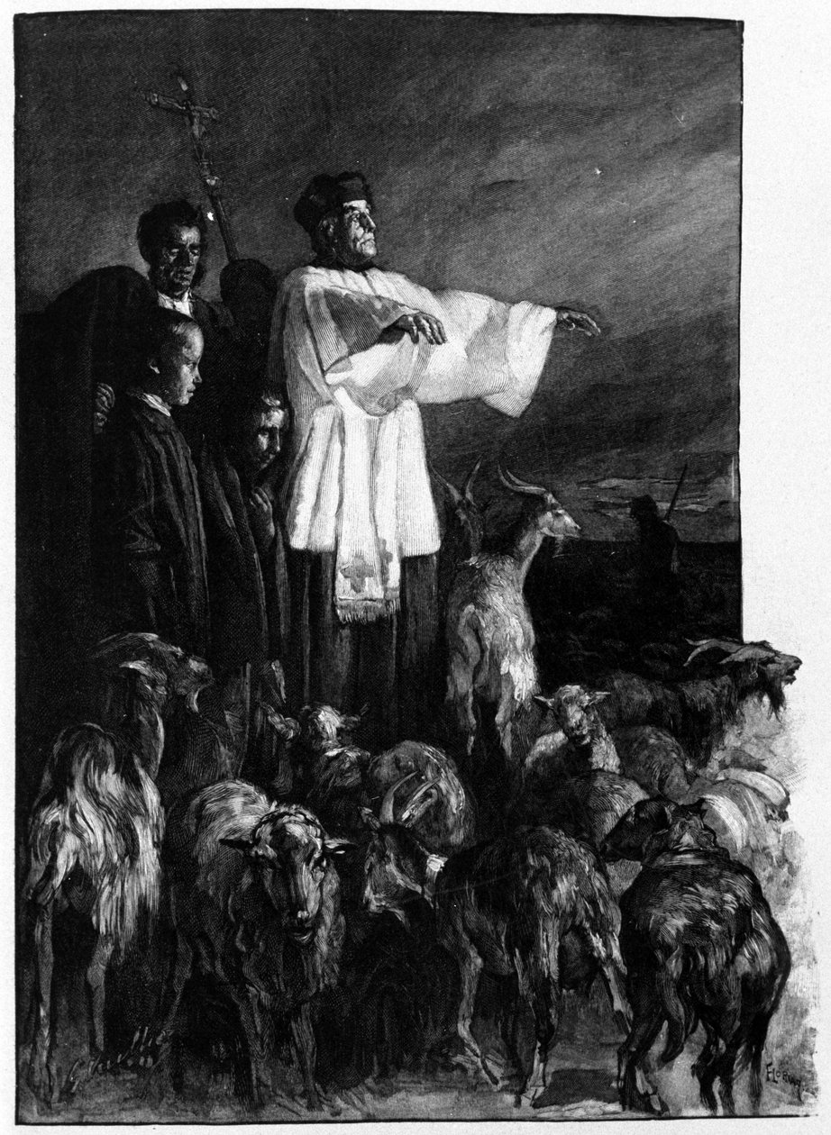 Vallási szertartások: Ördögűzés szertartása a város főterén a mennybemenetel éjszakáján. Szicília 19. századi metszet alkotó: Unknown artist